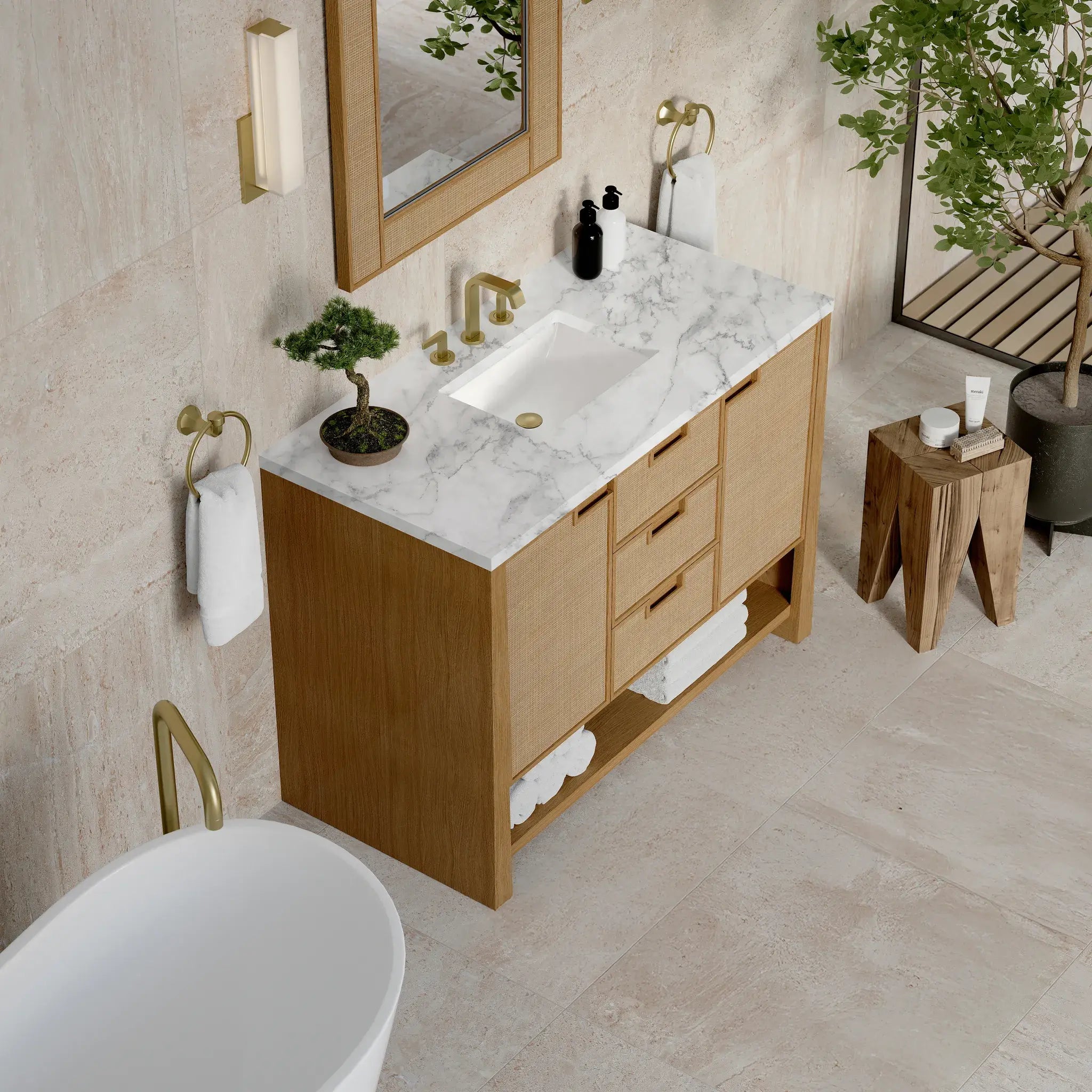 48" Solene Single Vanity in Seaside Oak-Carrara White Marble-8" Widespread image 6