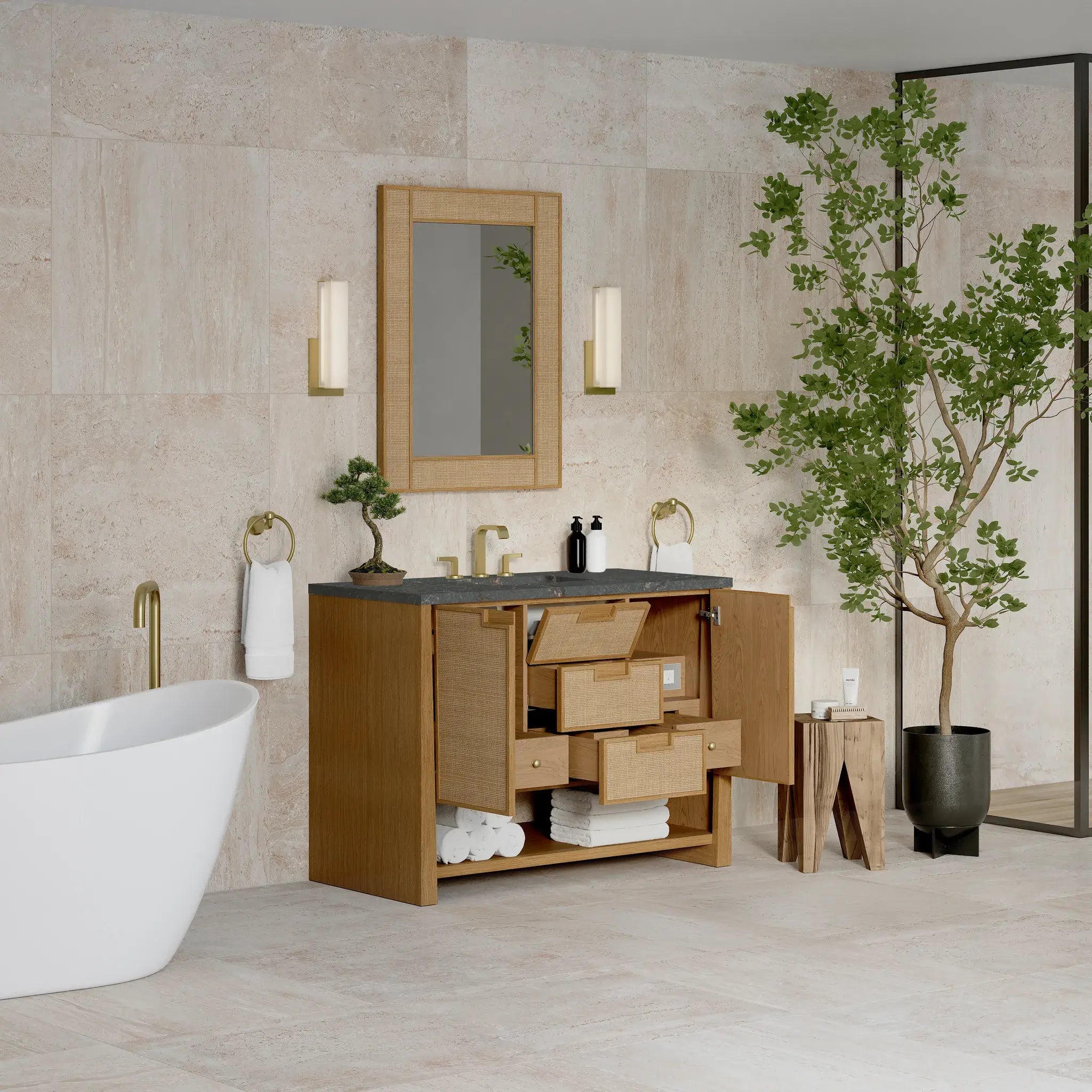 48" Solene Single Vanity in Seaside Oak-Parisien Bleu Silestone-8" Widespread image 4
