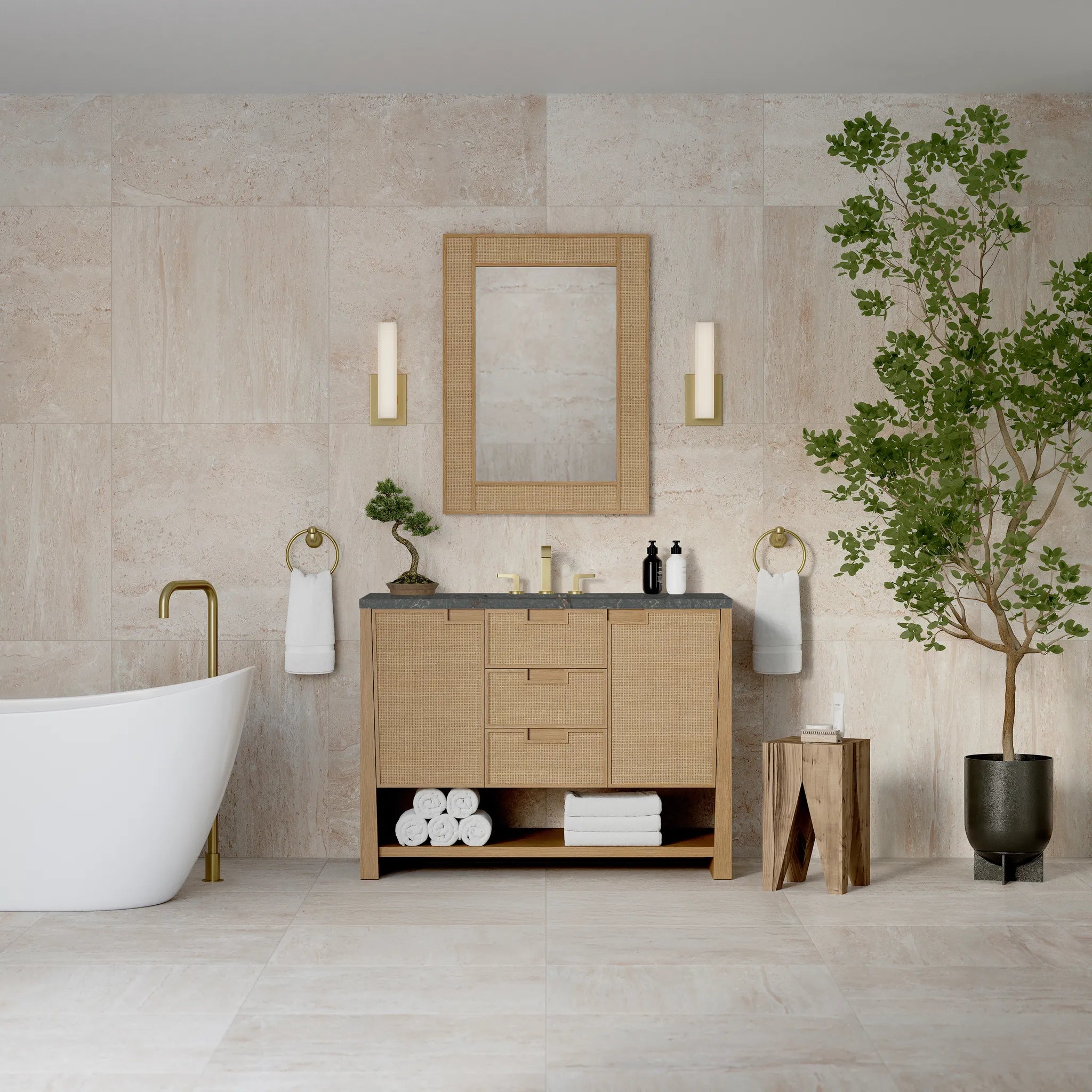 48" Solene Single Vanity in Seaside Oak w/FreePower Wireless Charger-Parisien Bleu Silestone-8" Widespread image 4