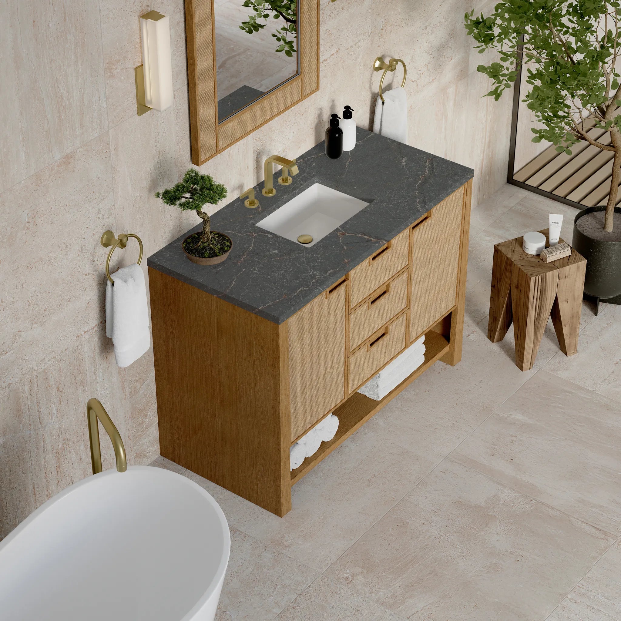 48" Solene Single Vanity in Seaside Oak w/FreePower Wireless Charger-Parisien Bleu Silestone-8" Widespread image 8