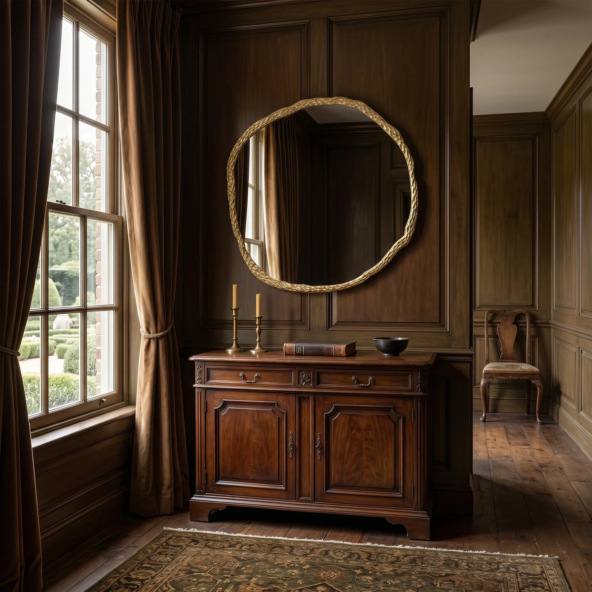 Wooden cabinet with round mirror in a room with large window and chair.