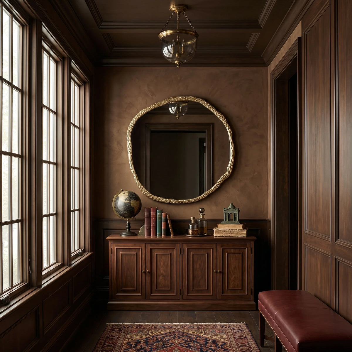 Stylish interior with a round mirror, books, and a globe on a wooden cabinet.