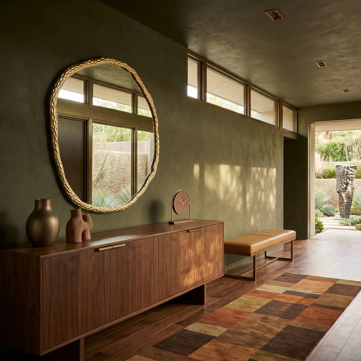 Modern interior with a wooden sideboard, round mirror, and bench.