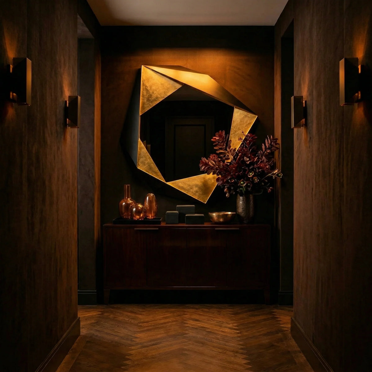 Black and gold Folded Mirror by Ambella Home with angular faceted frame, mounted above a mahogany credenza in an elegant dark entry hall