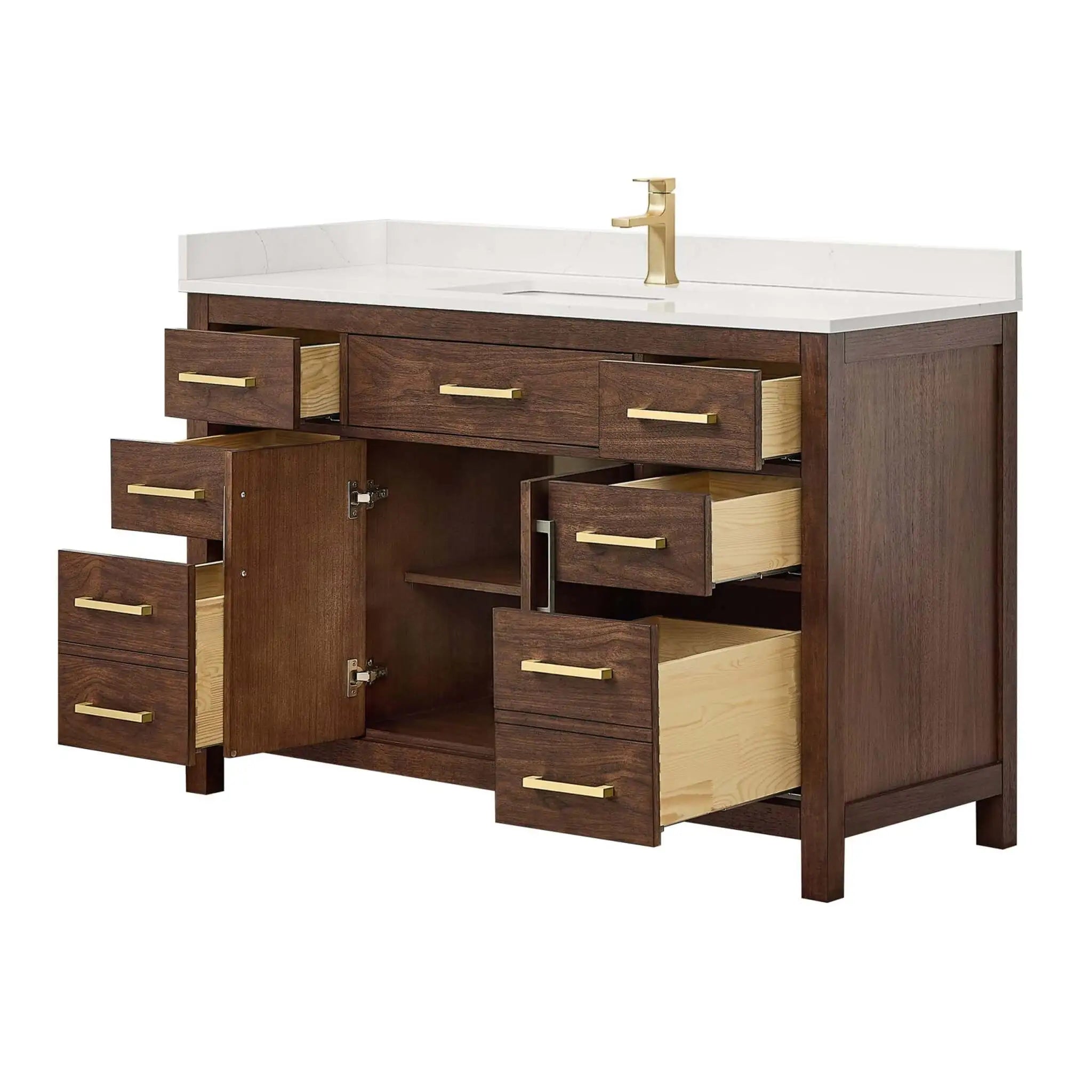 54" Beckett Single Bathroom Vanity in Dark Walnut with Brushed Gold Trim by Wyndham