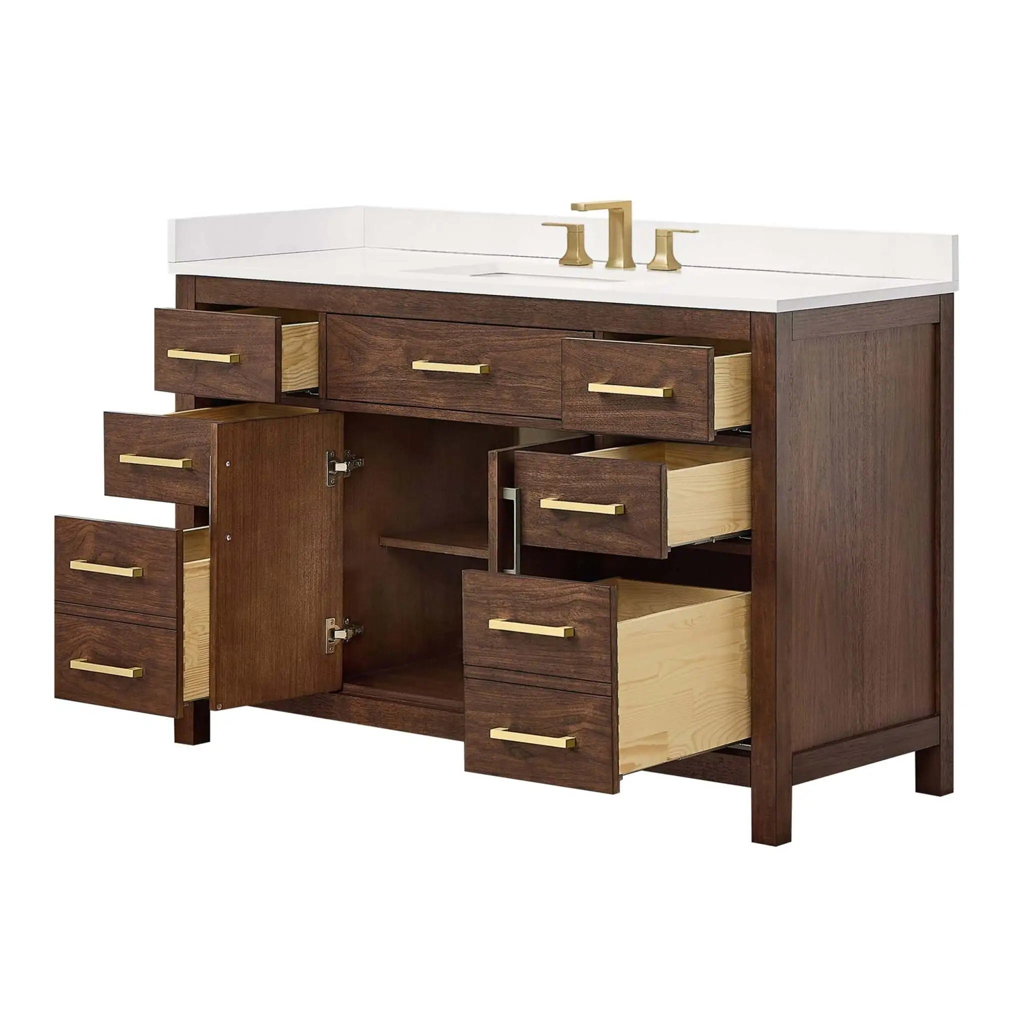 54" Beckett Single Bathroom Vanity in Dark Walnut with Brushed Gold Trim by Wyndham