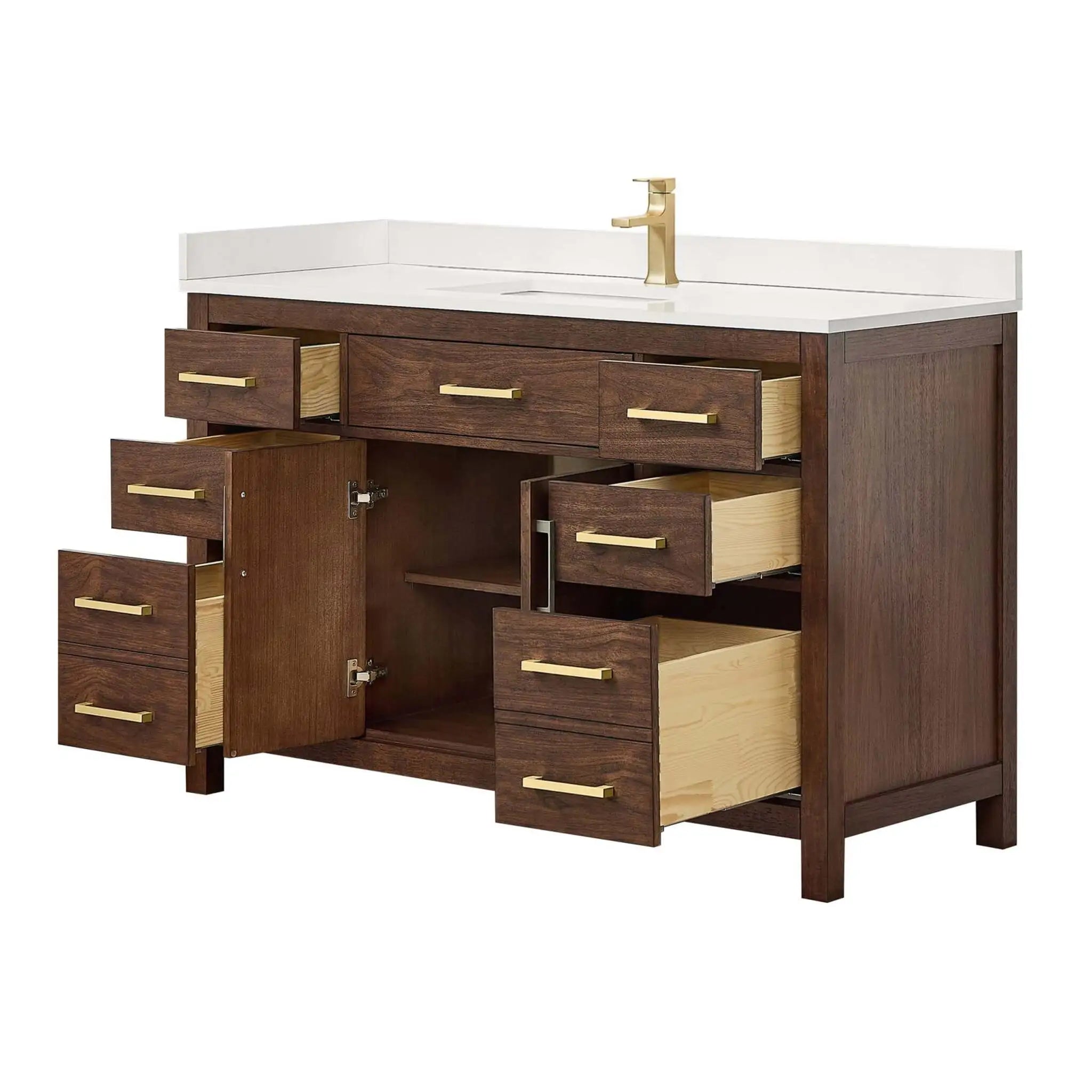54" Beckett Single Bathroom Vanity in Dark Walnut with Brushed Gold Trim by Wyndham
