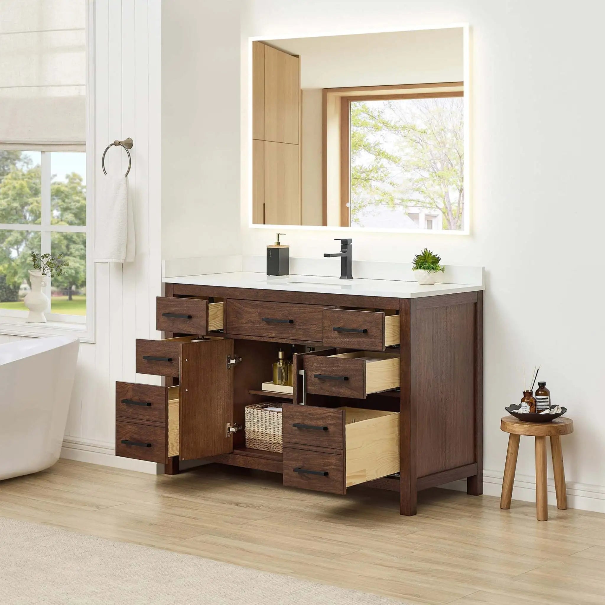 54" Beckett Single Bathroom Vanity in Dark Walnut with Matte Black Trim by Wyndham
