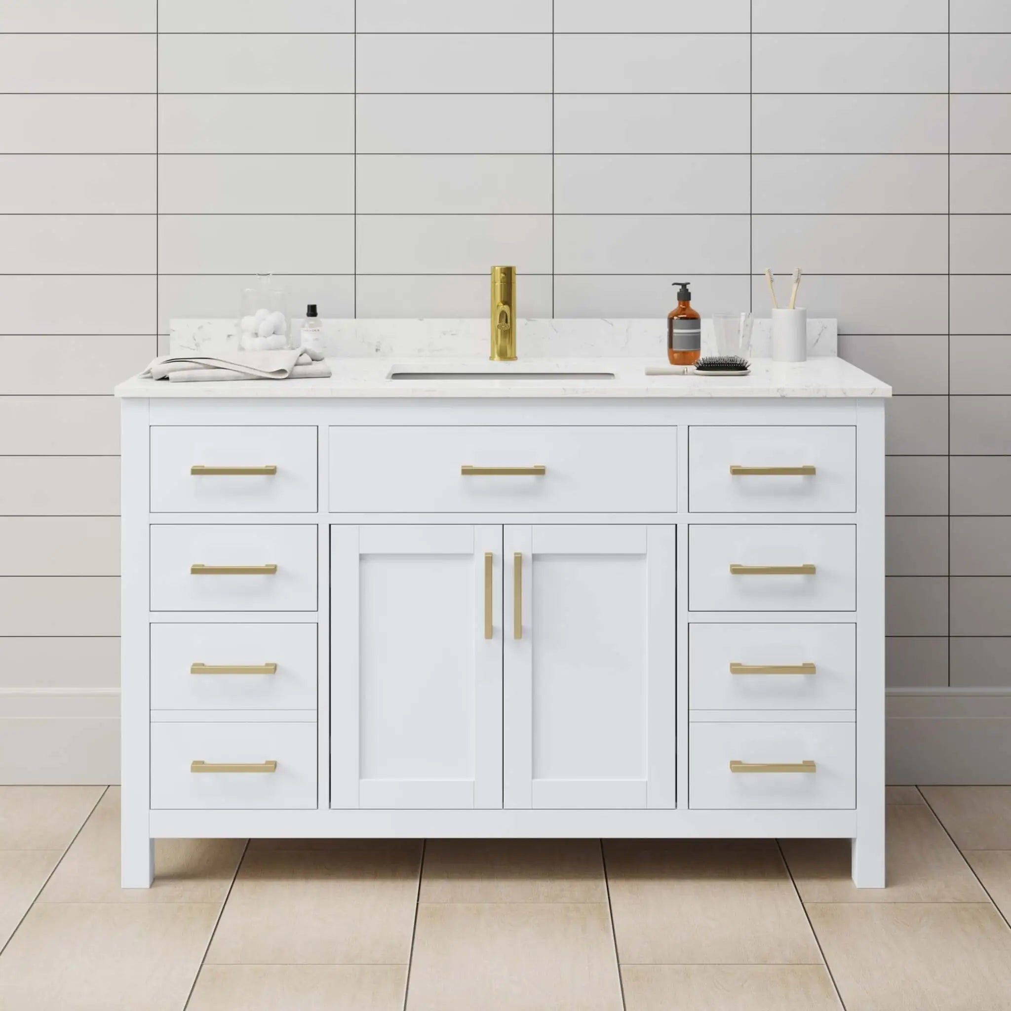 54" Beckett Single Bathroom Vanity in White with Brushed Gold Trim by Wyndham