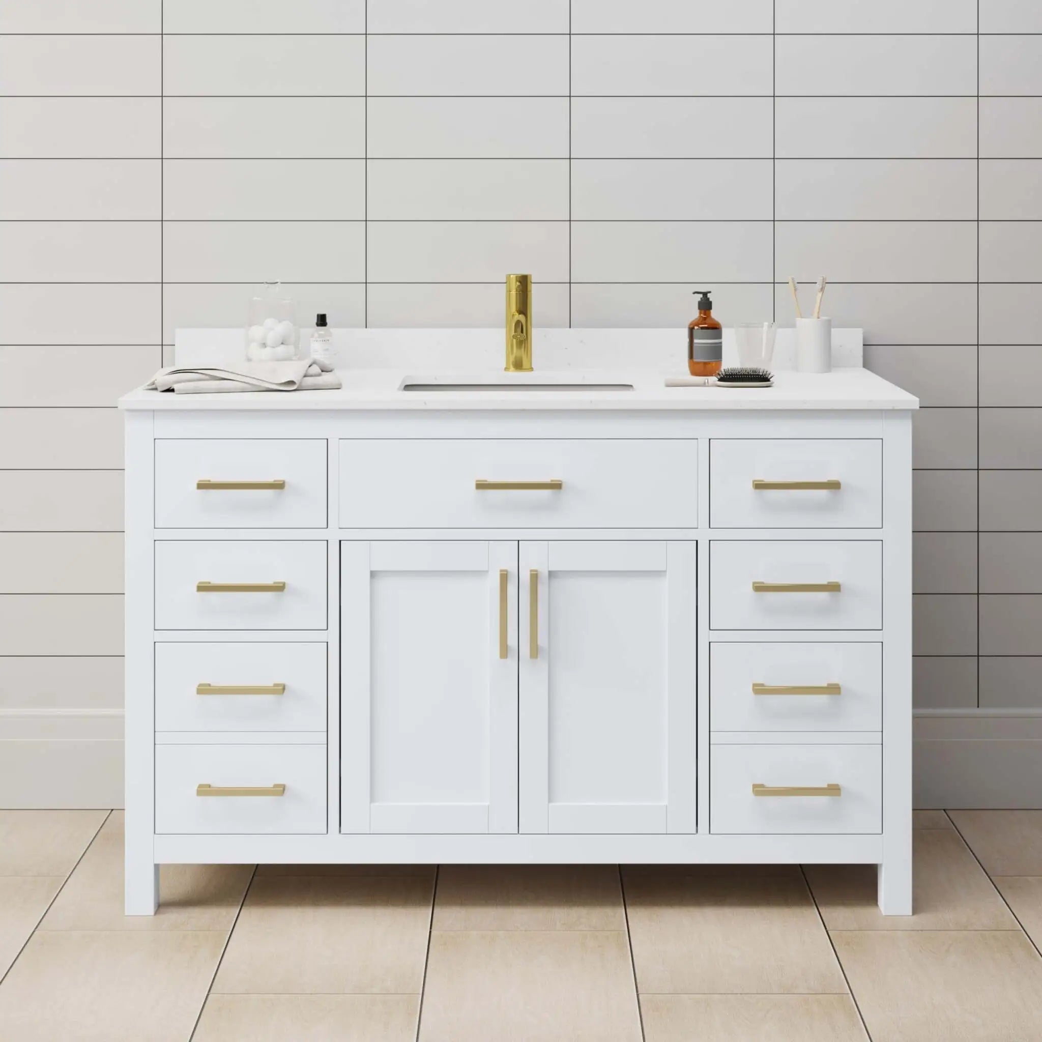 54" Beckett Single Bathroom Vanity in White with Brushed Gold Trim by Wyndham