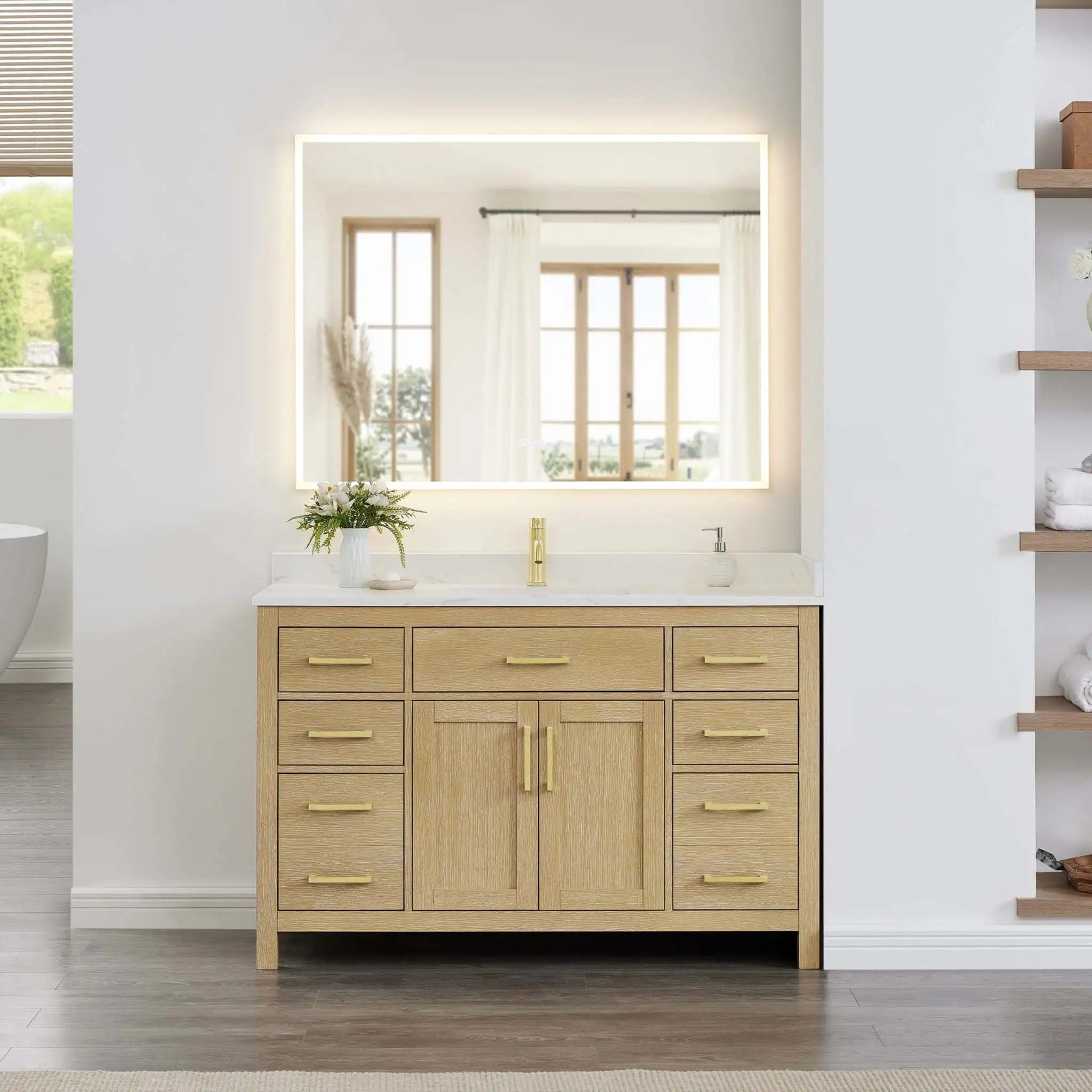 54" Beckett Single Bathroom Vanity in Whitewashed Oak with Brushed Gold Trim by Wyndham