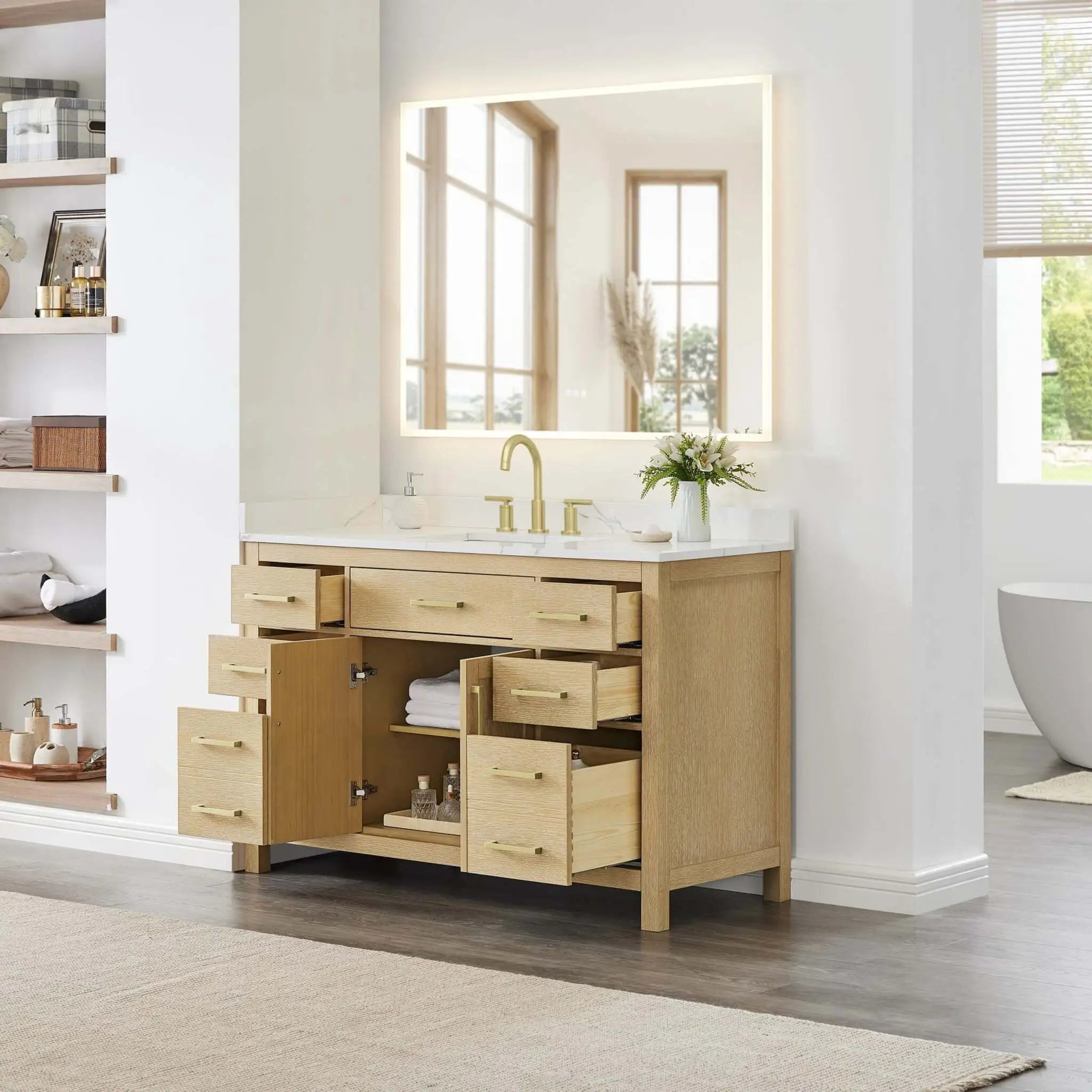 54" Beckett Single Bathroom Vanity in Whitewashed Oak with Brushed Gold Trim by Wyndham