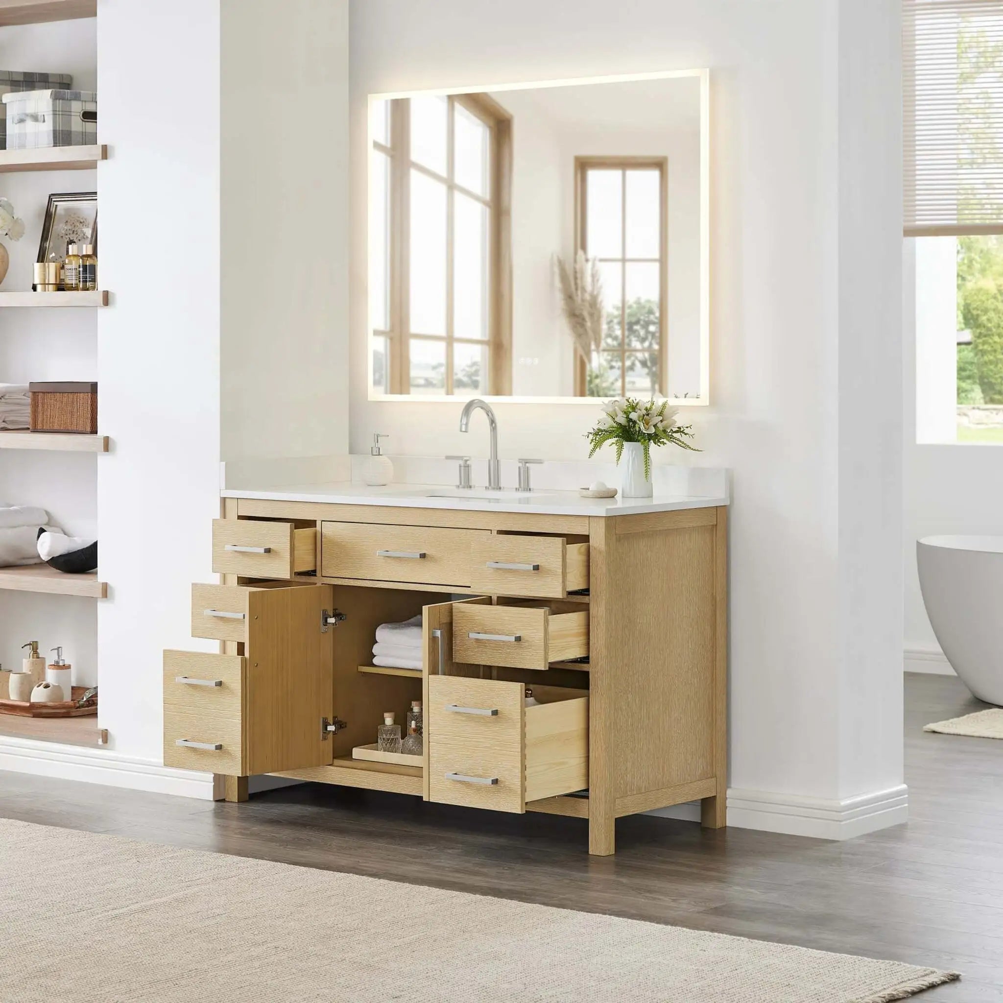 54" Beckett Single Bathroom Vanity in Whitewashed Oak with Brushed Nickel Trim by Wyndham