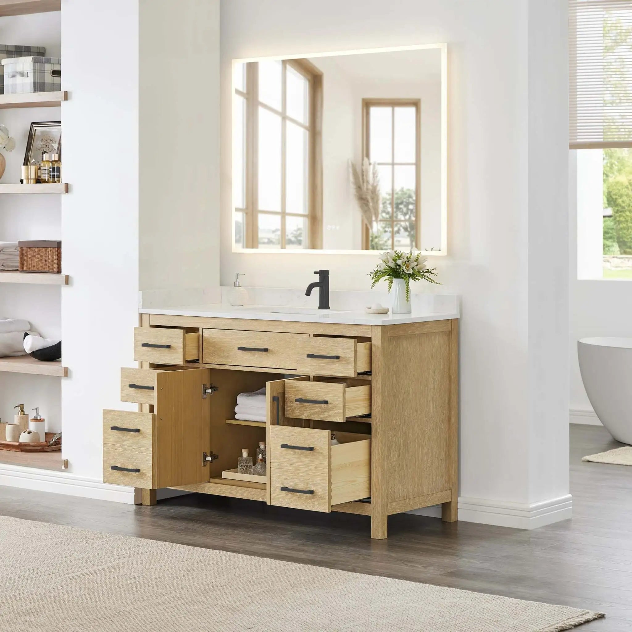 54" Beckett Single Bathroom Vanity in Whitewashed Oak with Matte Black Trim by Wyndham
