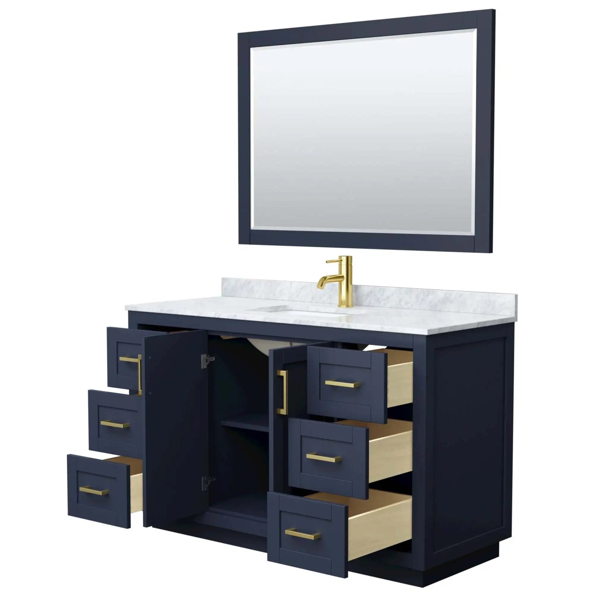 54" Miranda Single Bathroom Vanity in Dark Blue with Brushed Gold Trim & 46" Mirror by Wyndham
