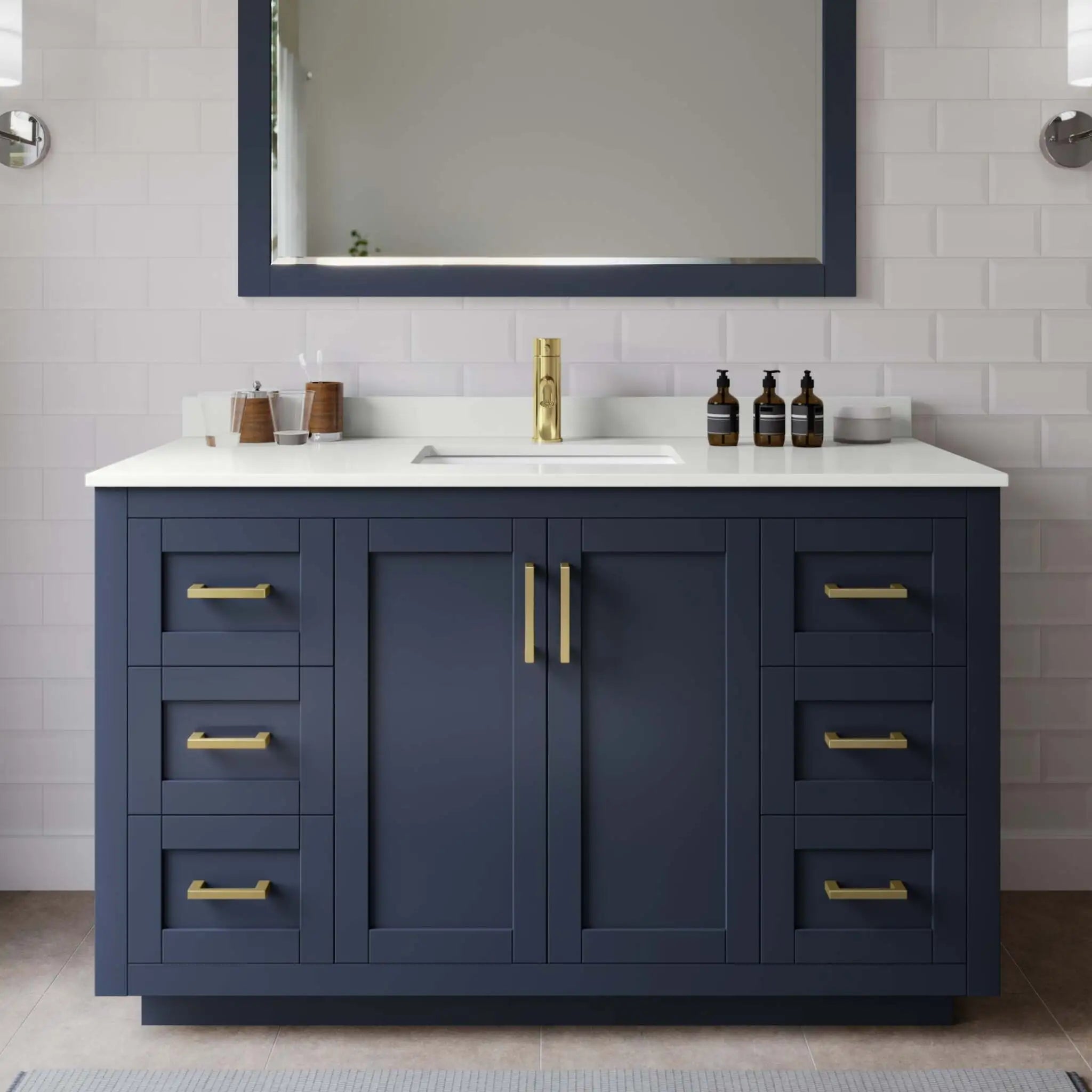 54" Miranda Single Bathroom Vanity in Dark Blue with Brushed Gold Trim by Wyndham