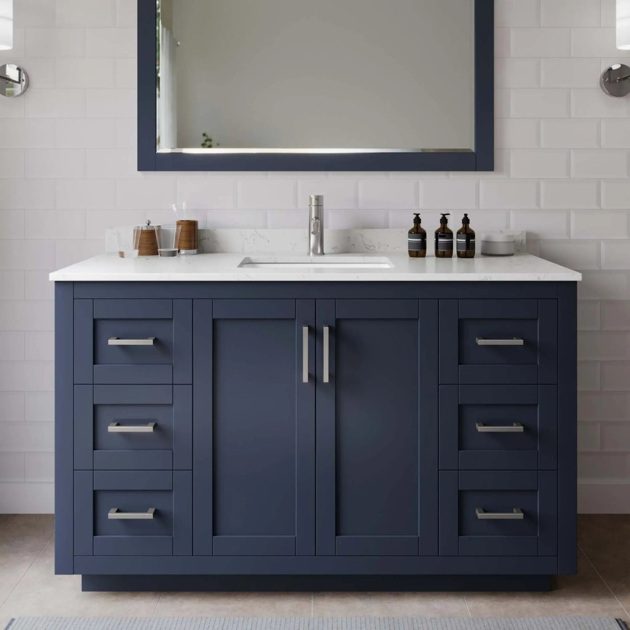 54" Miranda Single Bathroom Vanity in Dark Blue with Brushed Nickel Trim & 46" Mirror by Wyndham