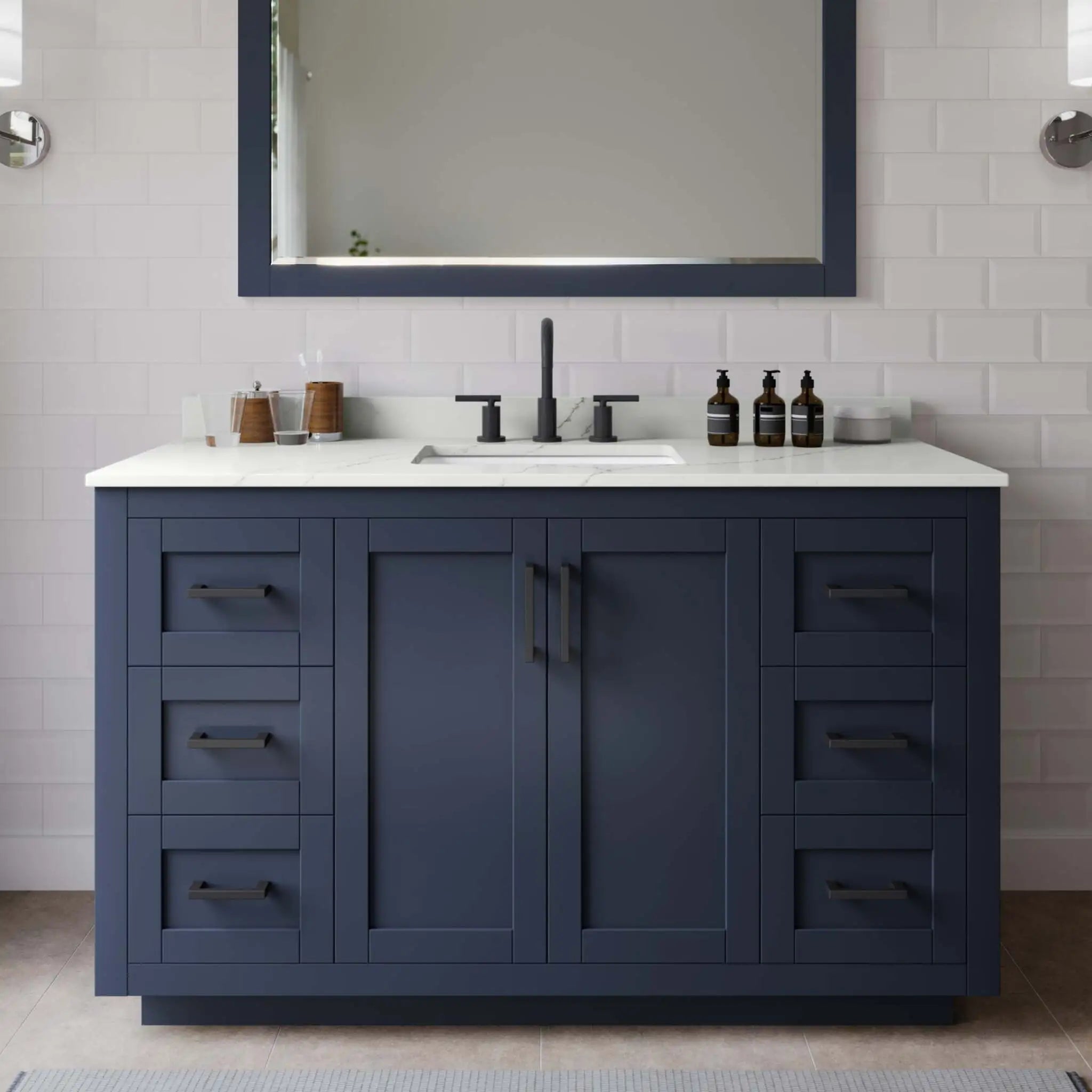 54" Miranda Single Bathroom Vanity in Dark Blue with Matte Black Trim & 46" Mirror by Wyndham