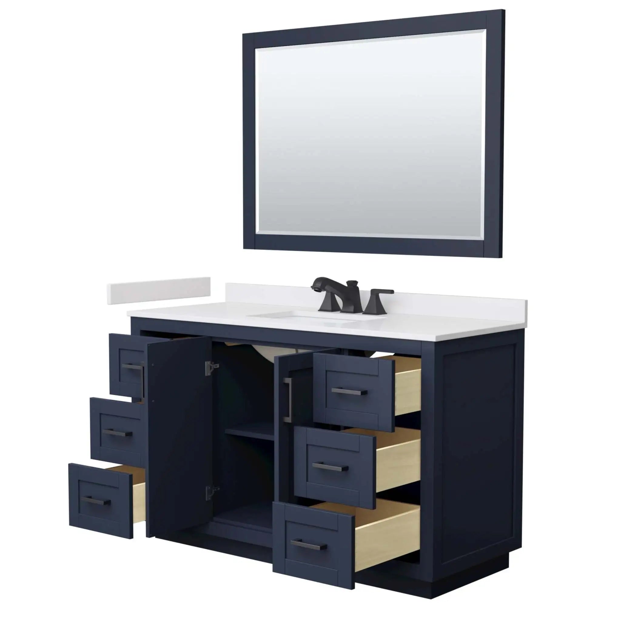 54" Miranda Single Bathroom Vanity in Dark Blue with Matte Black Trim & 46" Mirror by Wyndham
