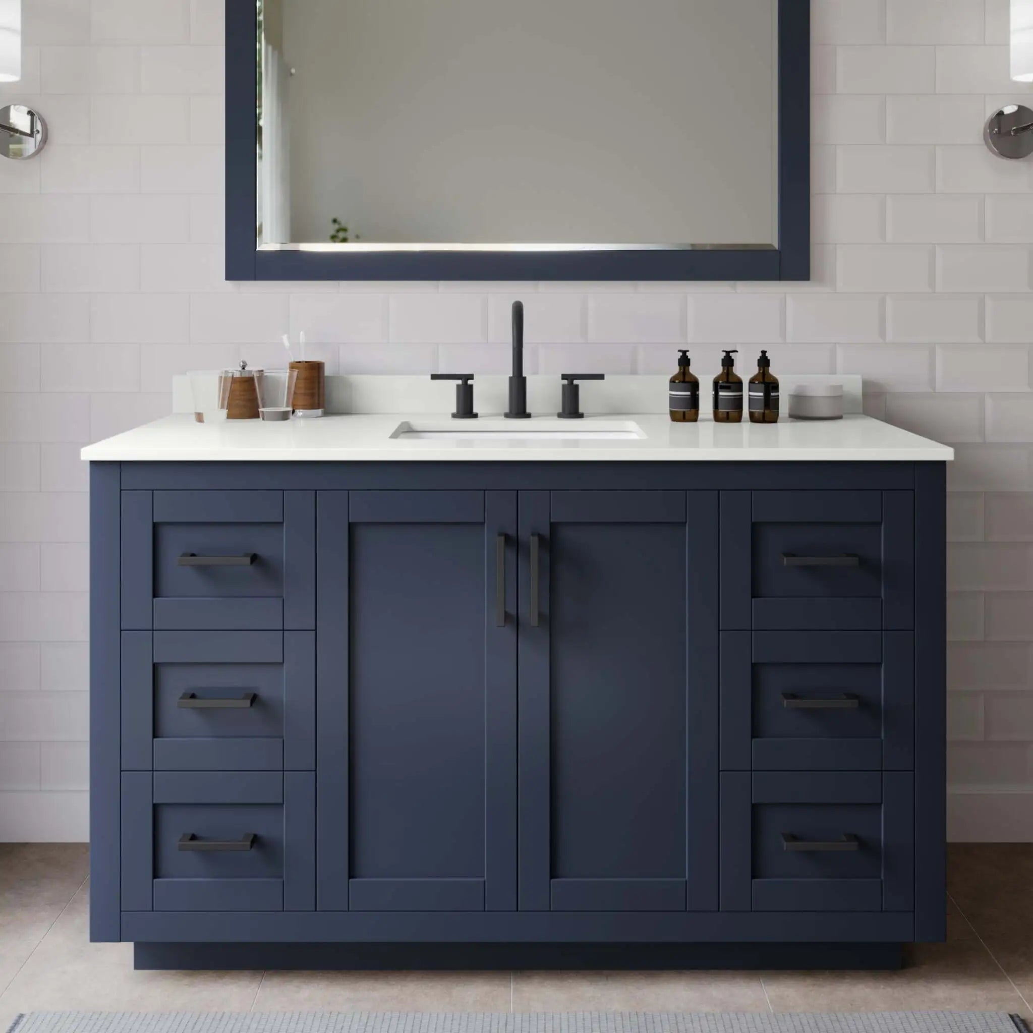 54" Miranda Single Bathroom Vanity in Dark Blue with Matte Black Trim & 46" Mirror by Wyndham
