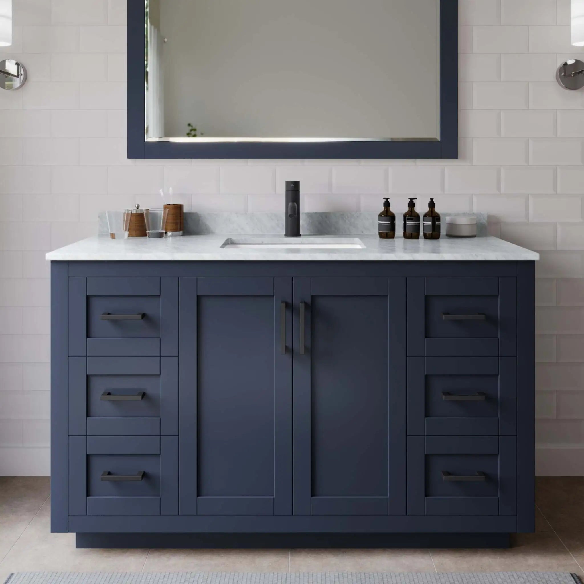 54" Miranda Single Bathroom Vanity in Dark Blue with Matte Black Trim by Wyndham