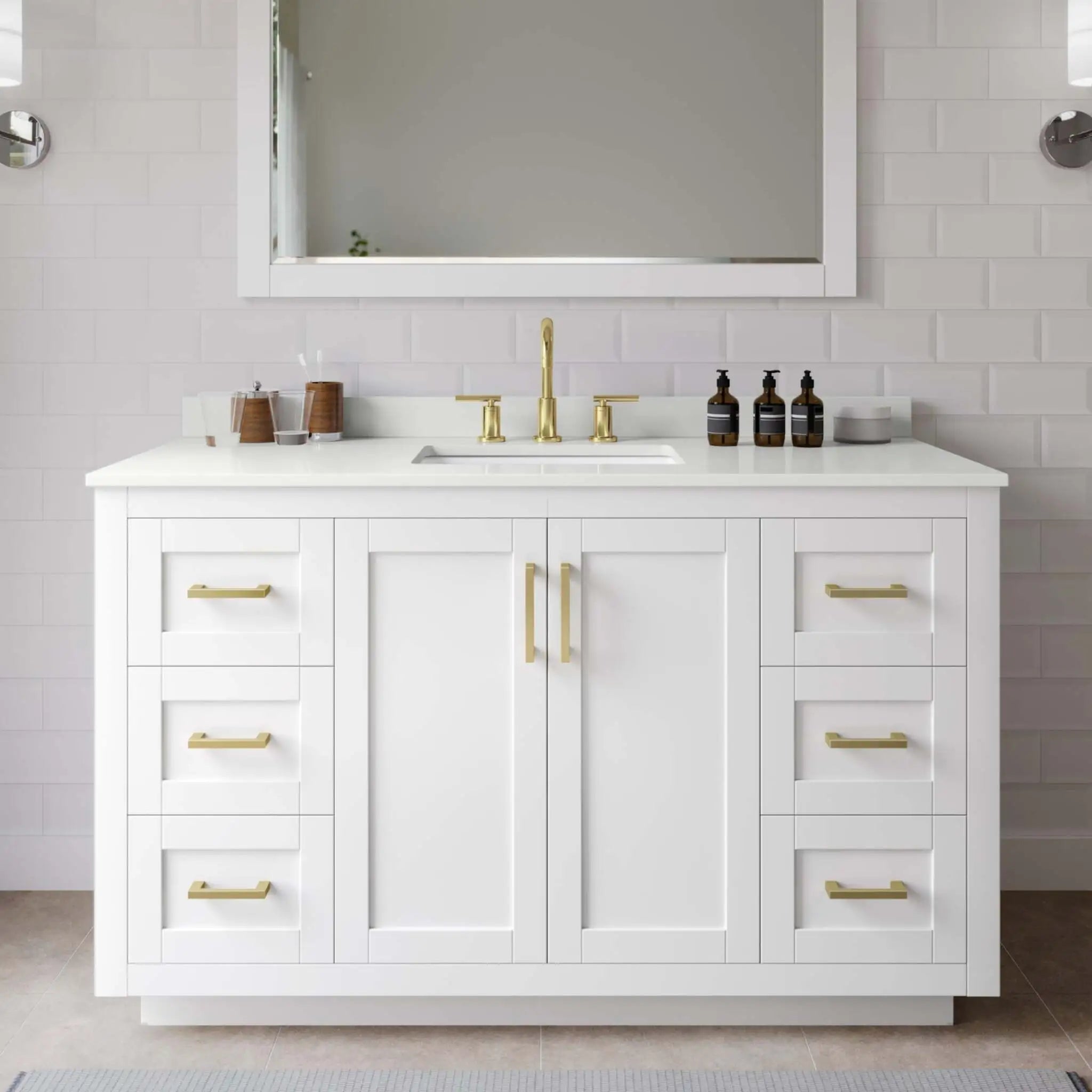 54" Miranda Single Bathroom Vanity in White with Brushed Gold Trim & 46" Mirror by Wyndham