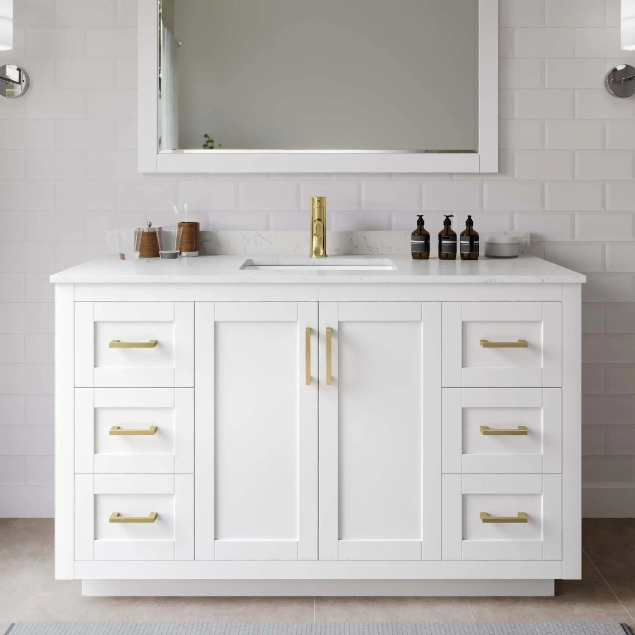54" Miranda Single Bathroom Vanity in White with Brushed Gold Trim by Wyndham