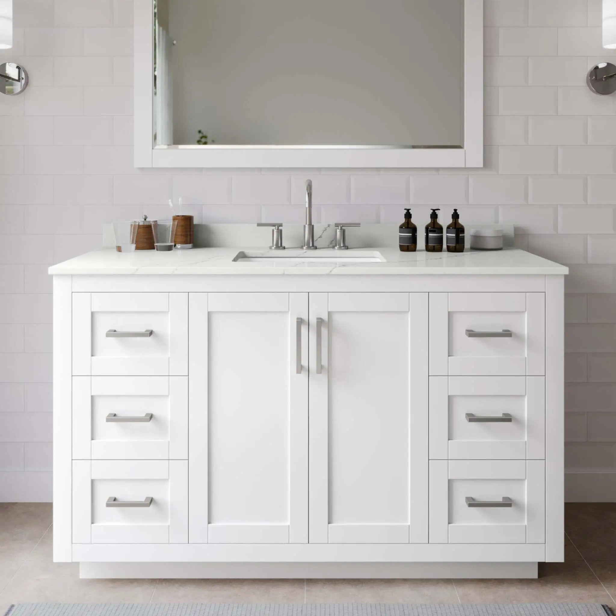 54" Miranda Single Bathroom Vanity in White with Brushed Nickel Trim & 46" Mirror by Wyndham