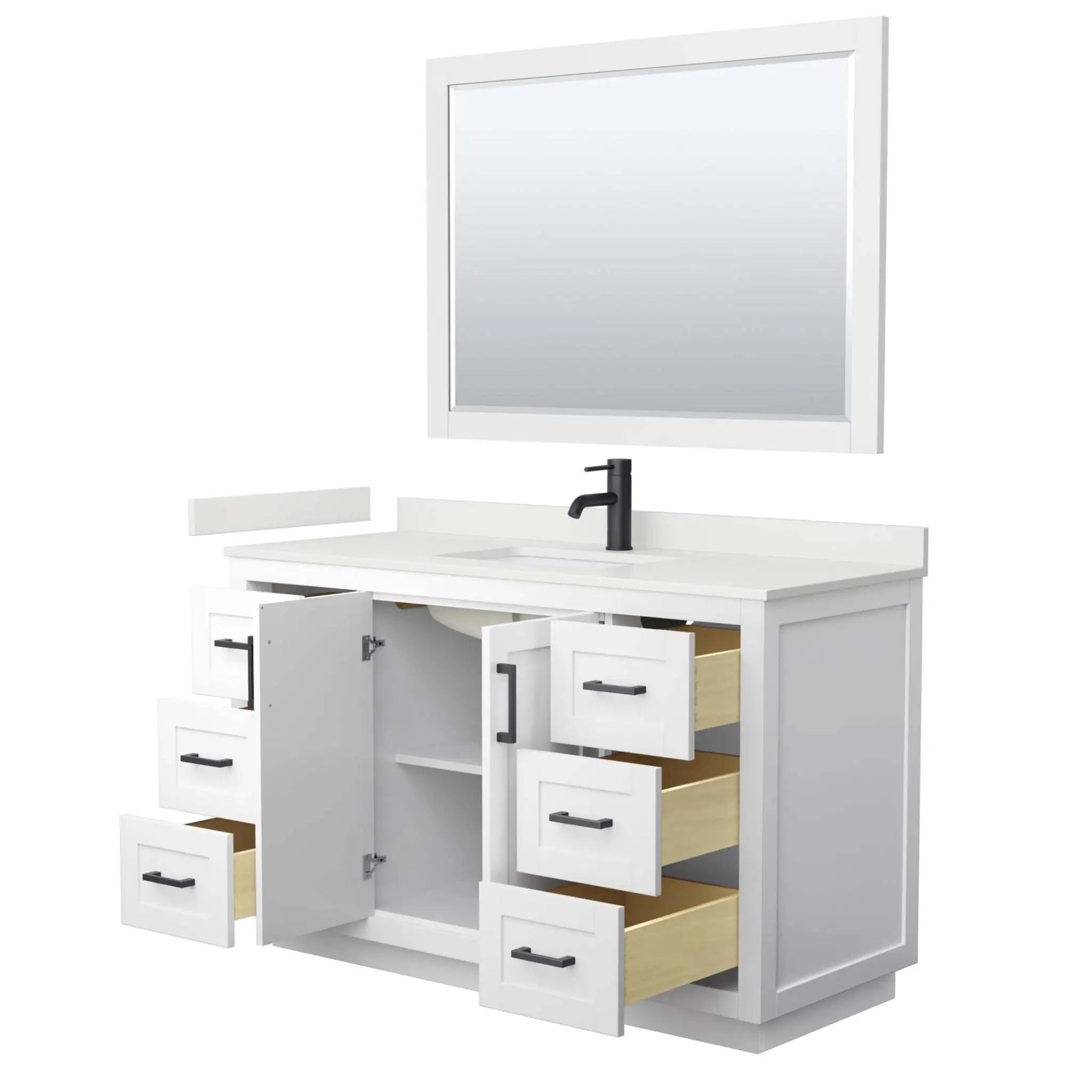 54" Miranda Single Bathroom Vanity in White with Matte Black Trim & 46" Mirror by Wyndham