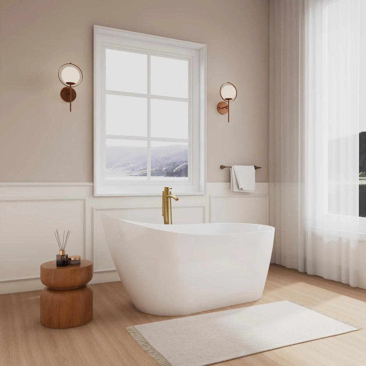 59" White Soaking Bathtub with Shiny White Trim and Floor Mounted Faucet in Brushed Gold - Davia by Wyndham (WCBTS200259SWATPGD)
