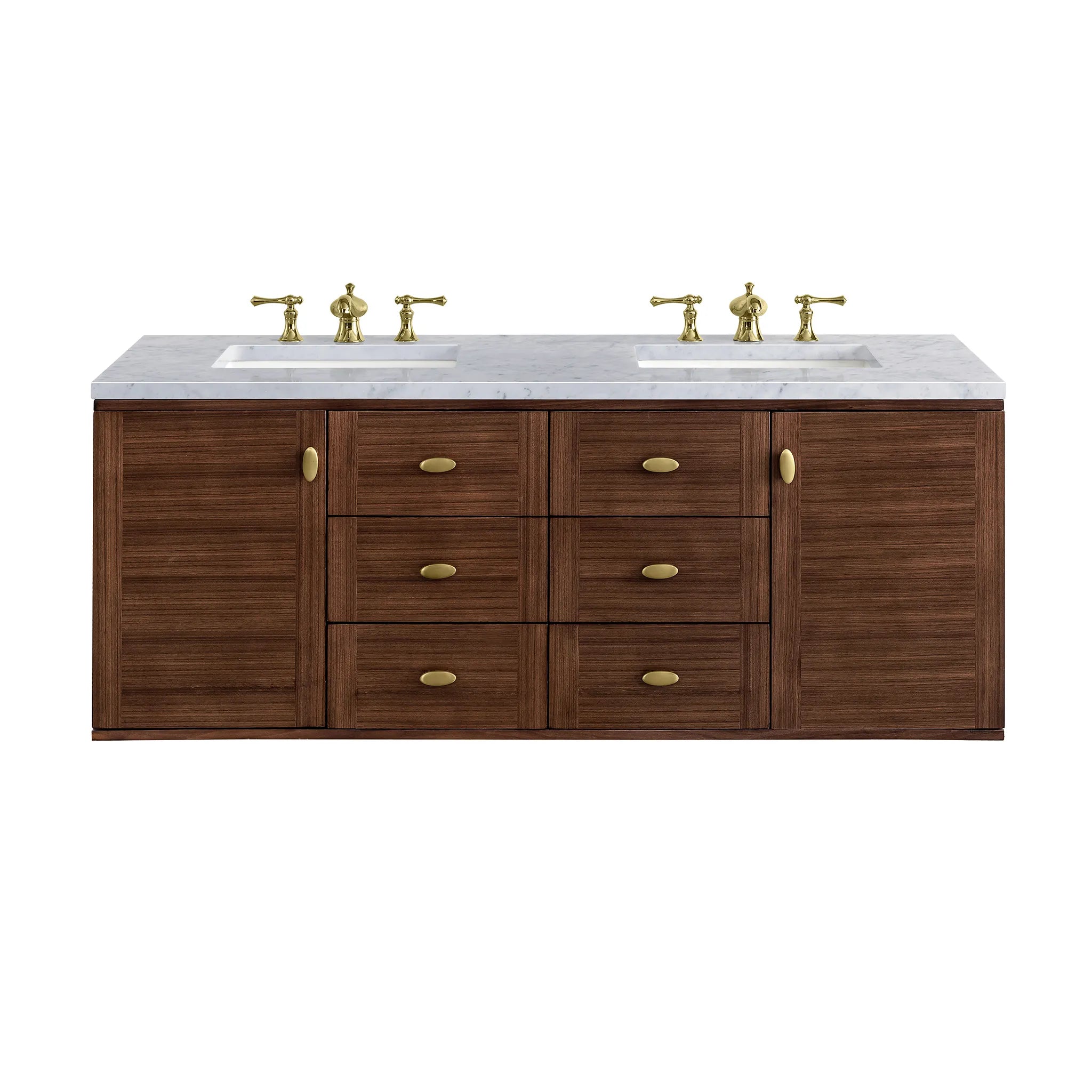 60" Amberly Double Vanity in Mid-Century Walnut-Carrara White Marble-8" Widespread image 1