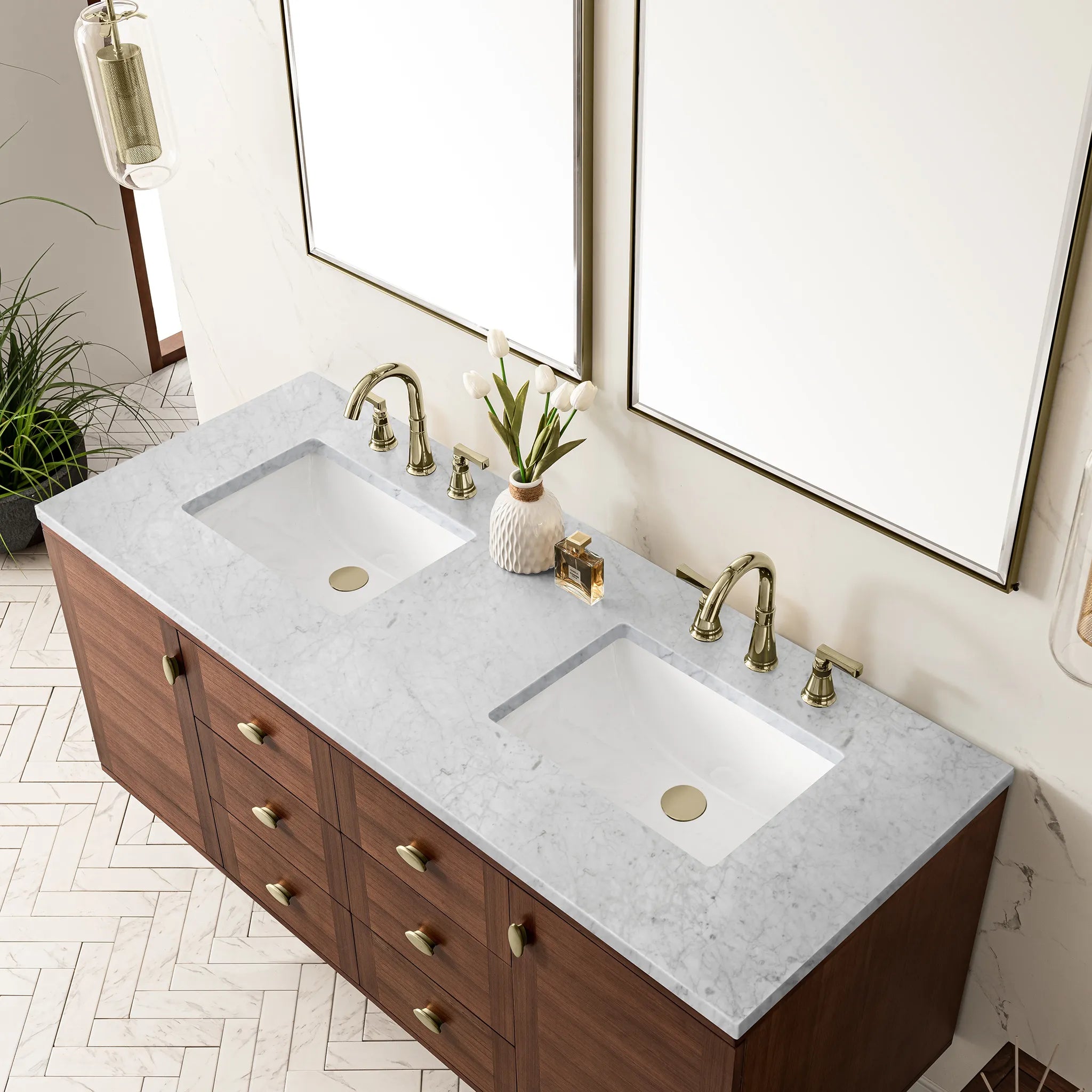 60" Amberly Double Vanity in Mid-Century Walnut-Carrara White Marble-8" Widespread image 9