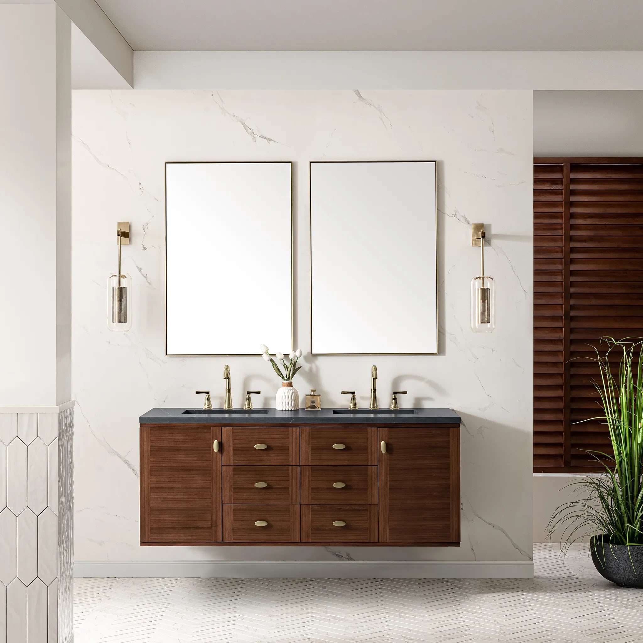 60" Amberly Double Vanity in Mid-Century Walnut-Charcoal Soapstone Silestone-8" Widespread image 3