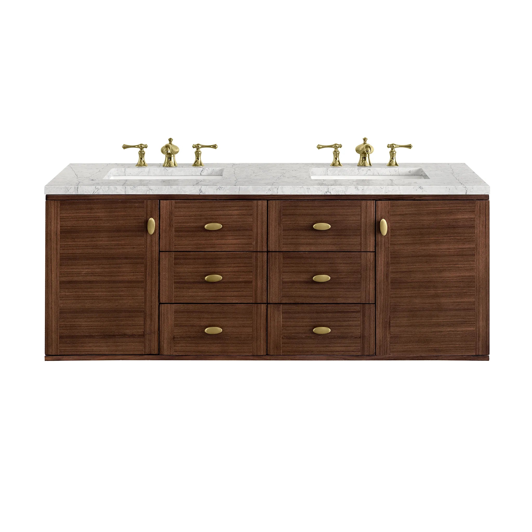 60" Amberly Double Vanity in Mid-Century Walnut-Eternal Jasmine Pearl Silestone-8" Widespread image 1