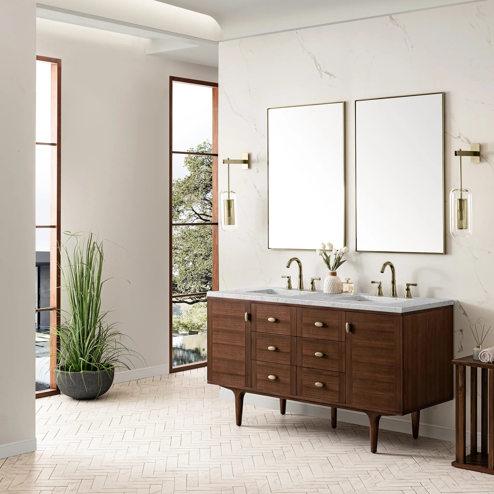 60" Amberly Double Vanity in Mid-Century Walnut-Eternal Jasmine Pearl Silestone-8" Widespread image 4