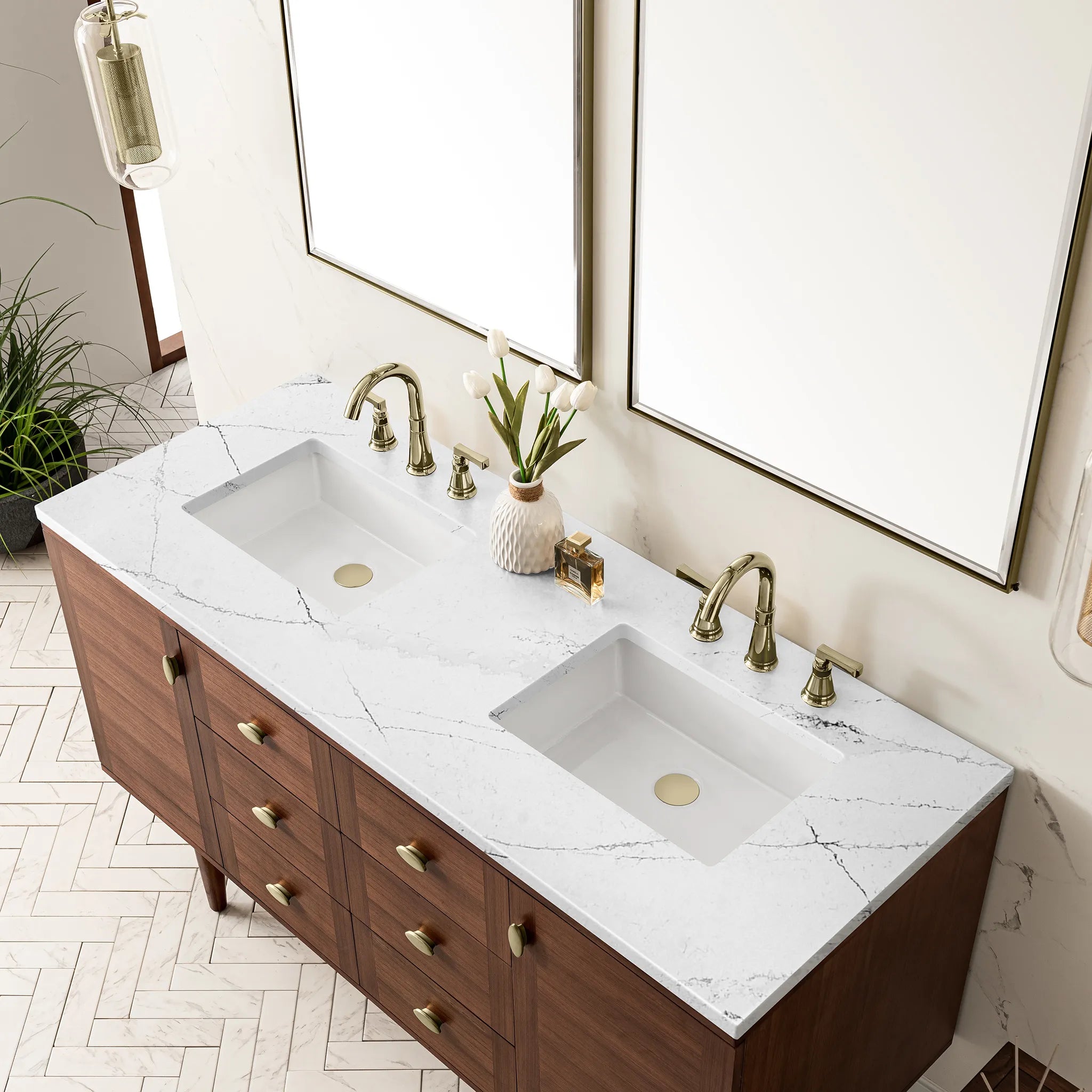 60" Amberly Double Vanity in Mid-Century Walnut-Ethereal Noctis Silestone-8" Widespread image 8