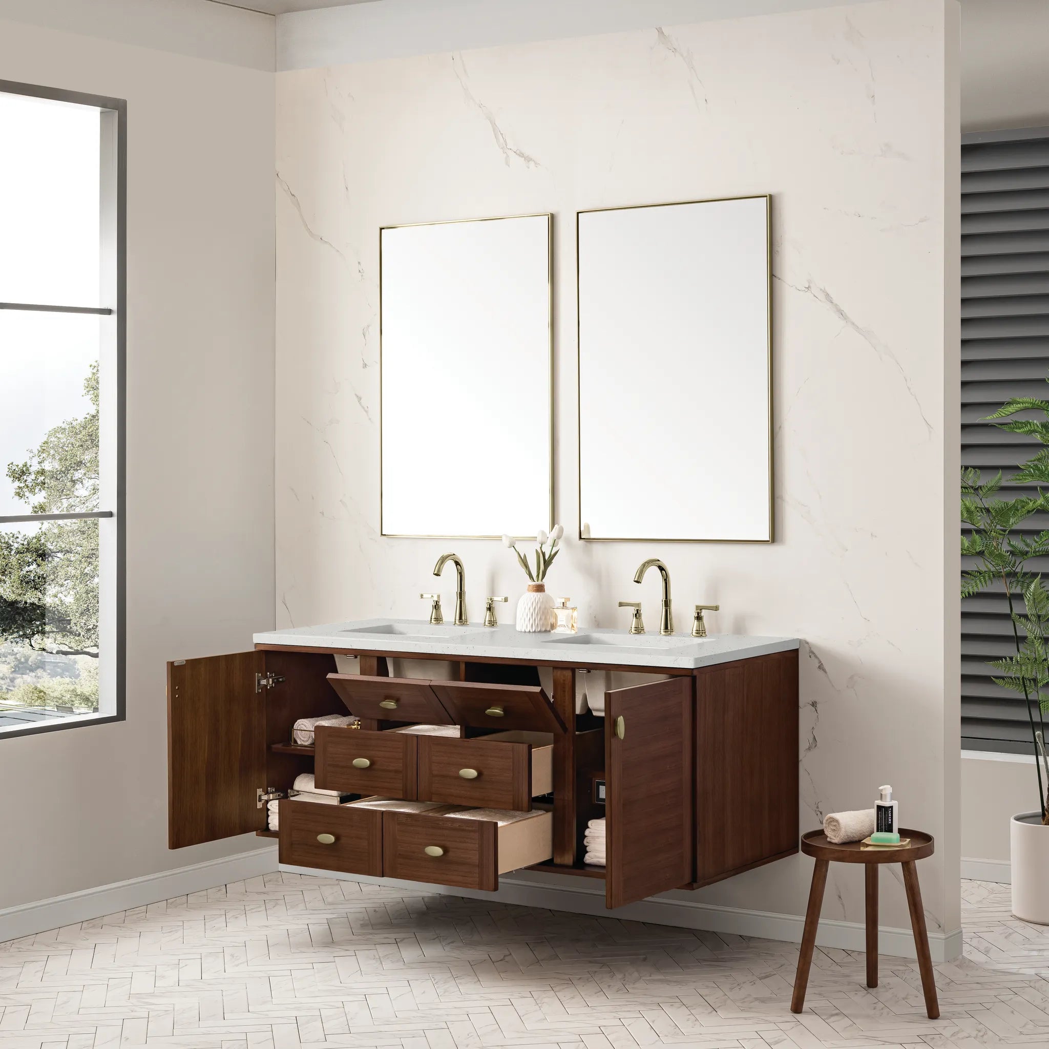 60" Amberly Double Vanity in Mid-Century Walnut-Lime Delight Silestone-8" Widespread image 7