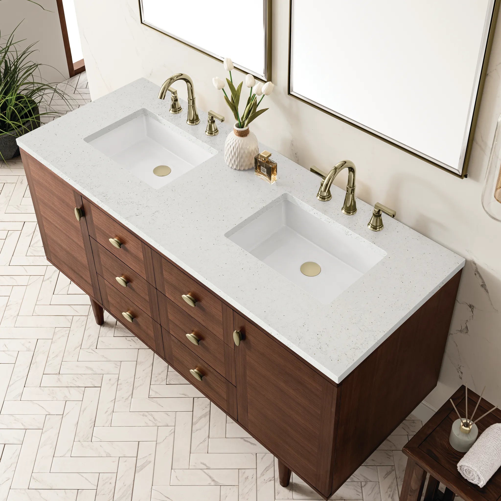 60" Amberly Double Vanity in Mid-Century Walnut-Lime Delight Silestone-8" Widespread image 8