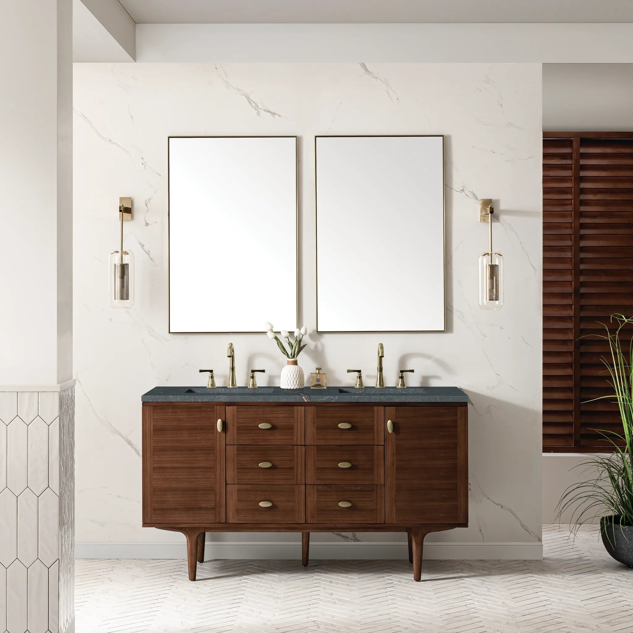 60" Amberly Double Vanity in Mid-Century Walnut-Parisien Bleu Silestone-8" Widespread image 2