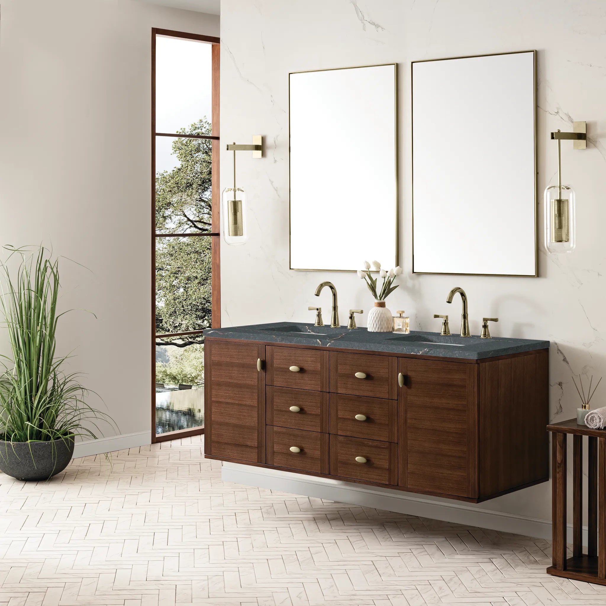 60" Amberly Double Vanity in Mid-Century Walnut-Parisien Bleu Silestone-8" Widespread image 5