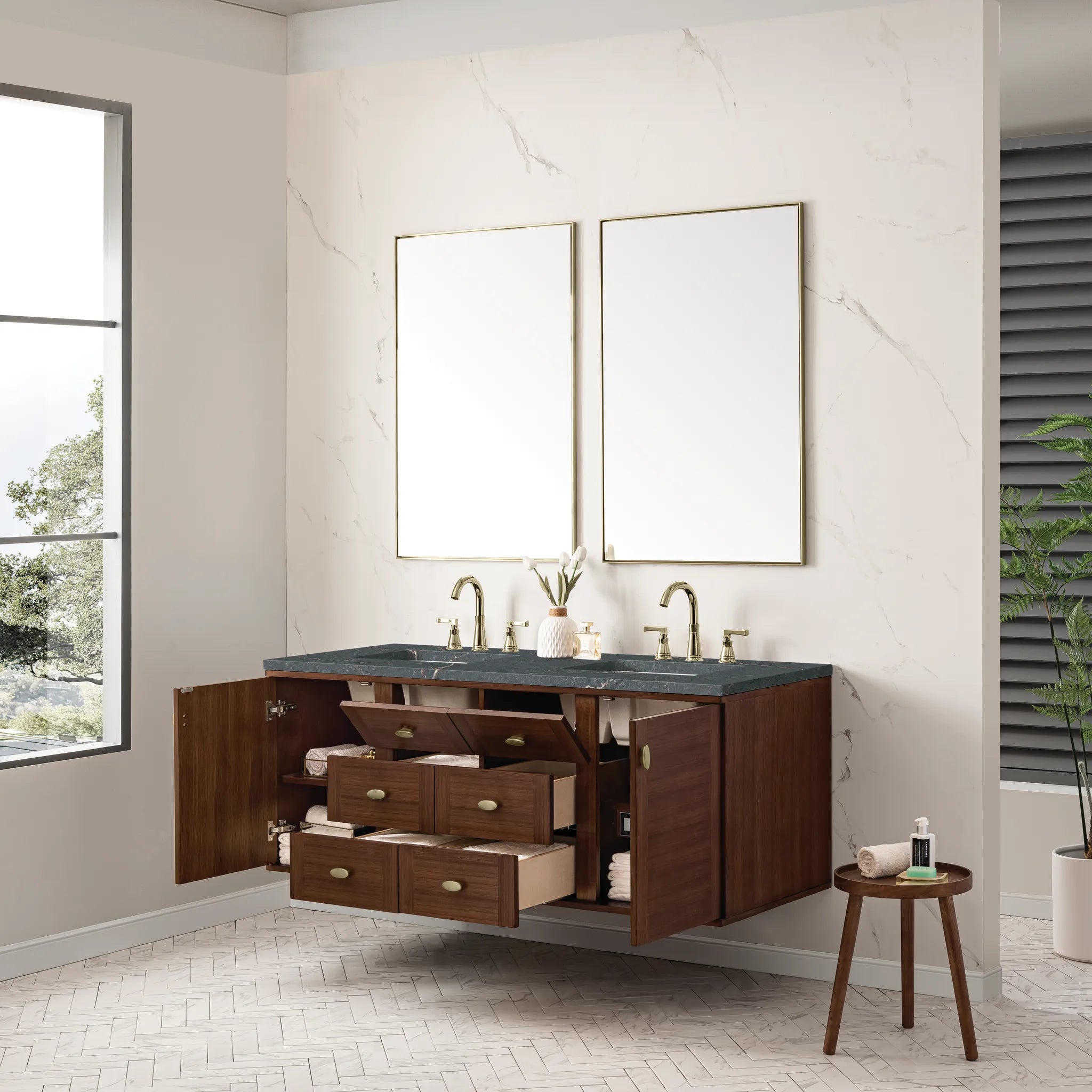 60" Amberly Double Vanity in Mid-Century Walnut-Parisien Bleu Silestone-8" Widespread image 7