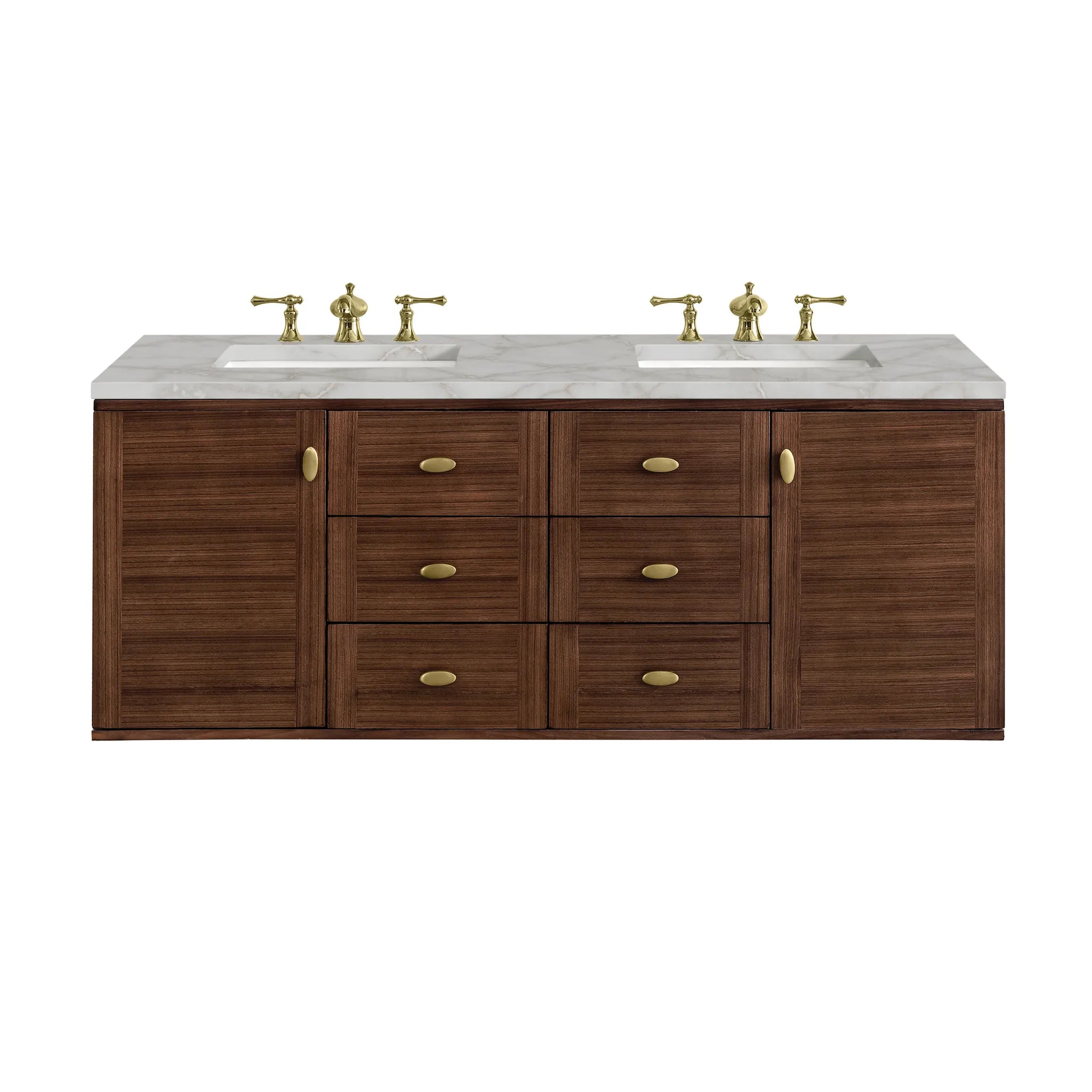 60" Amberly Double Vanity in Mid-Century Walnut-Victorian Silver Silestone-8" Widespread image 1