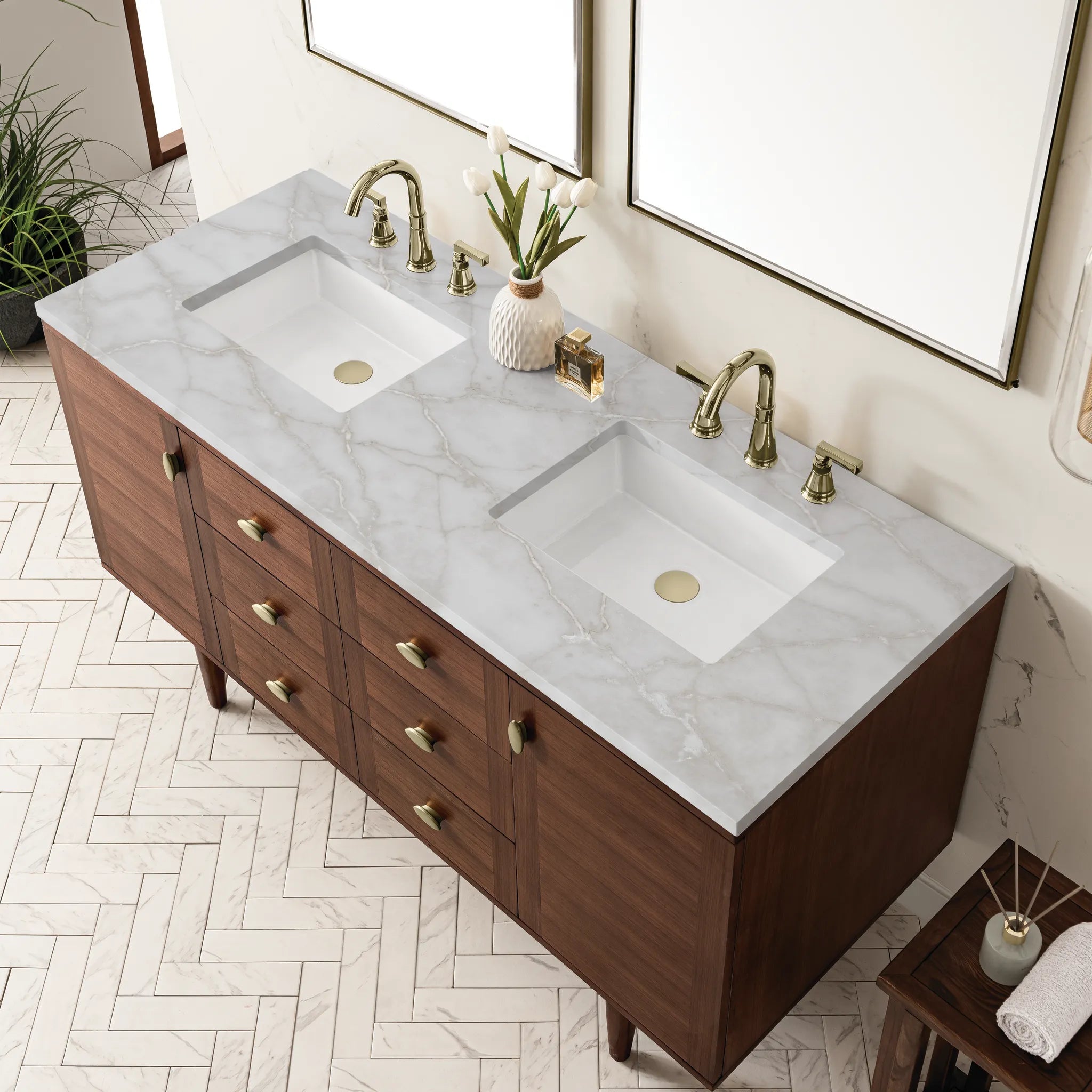 60" Amberly Double Vanity in Mid-Century Walnut-Victorian Silver Silestone-8" Widespread image 8