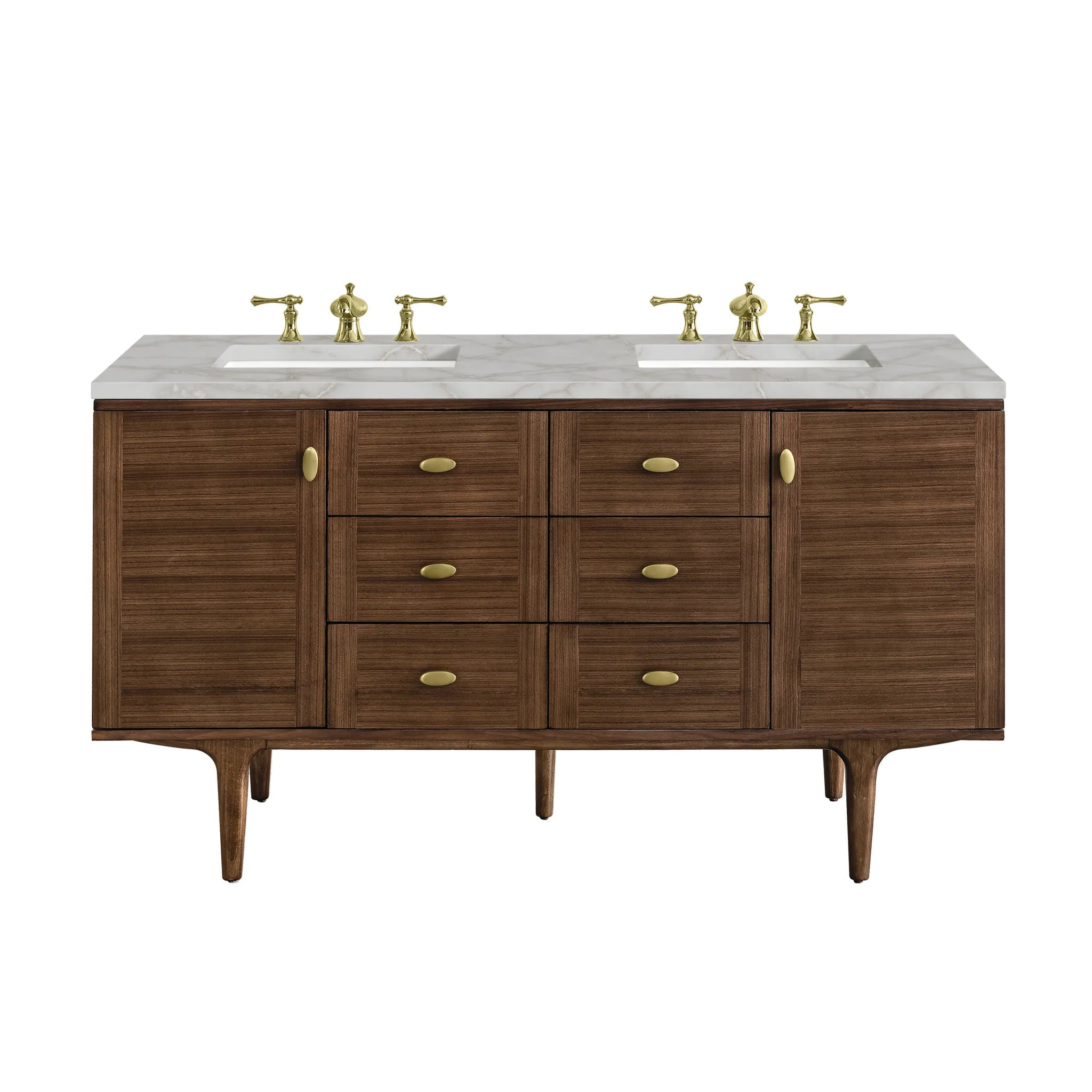 60" Amberly Double Vanity in Mid-Century Walnut-Victorian Silver Silestone-8" Widespread image