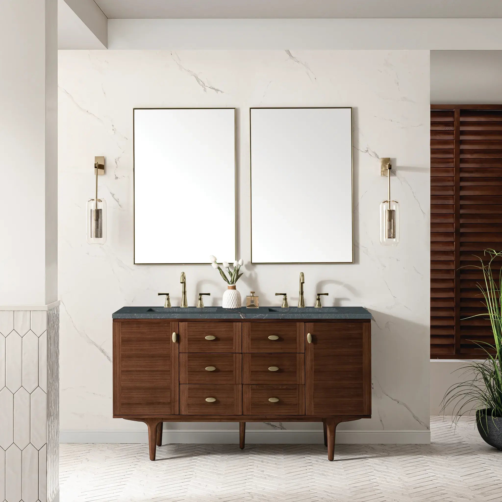 60" Amberly Double Vanity in Mid-Century Walnut w/FreePower Wireless Charger-Parisien Bleu Silestone-8" Widespread image 5
