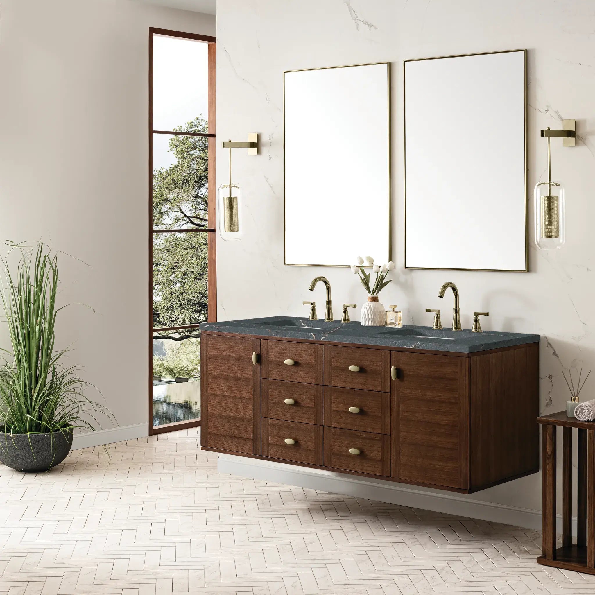 60" Amberly Double Vanity in Mid-Century Walnut w/FreePower Wireless Charger-Parisien Bleu Silestone-8" Widespread image 8