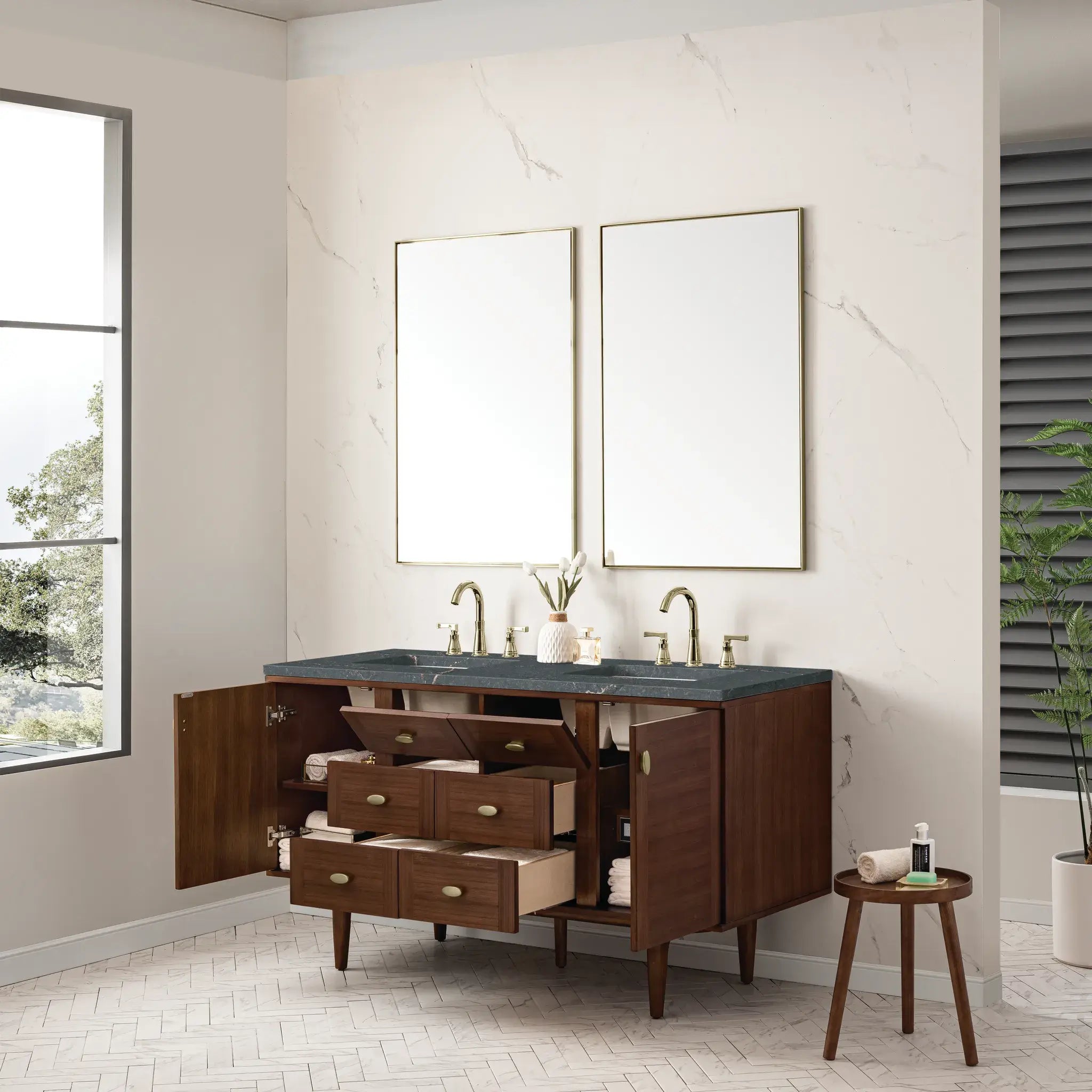 60" Amberly Double Vanity in Mid-Century Walnut w/FreePower Wireless Charger-Parisien Bleu Silestone-8" Widespread image 9