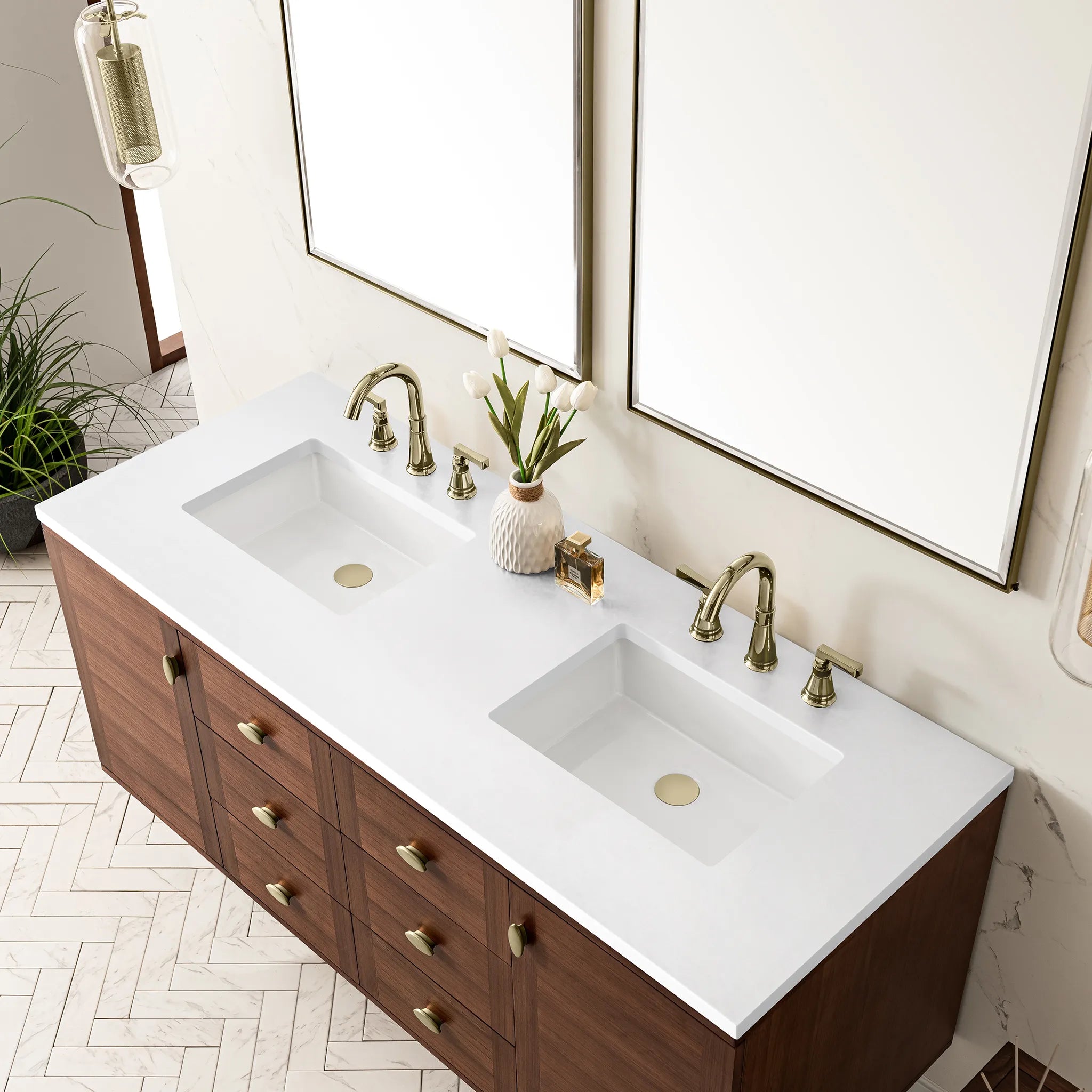 60" Amberly Double Vanity in Mid-Century Walnut-White Zeus Silestone-8" Widespread image 15