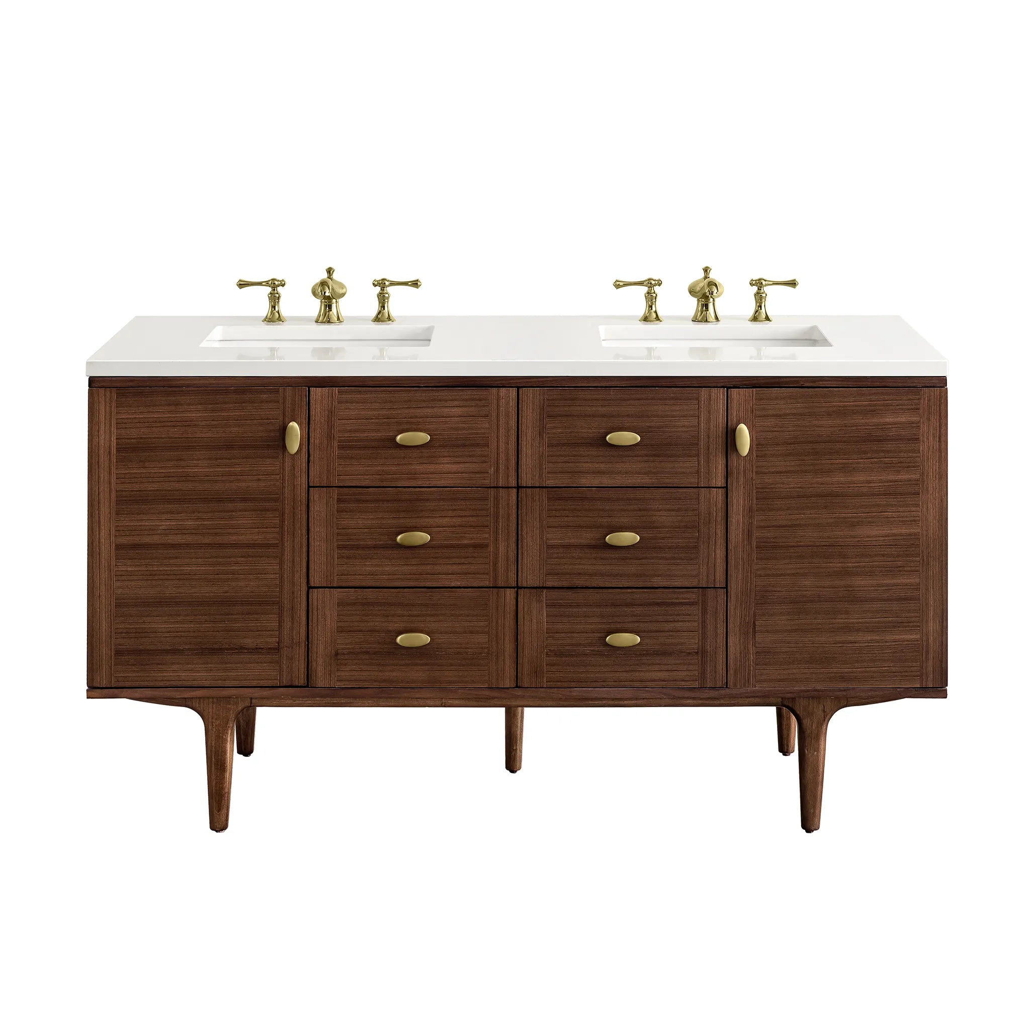 60" Amberly Double Vanity in Mid-Century Walnut-White Zeus Silestone-8" Widespread image