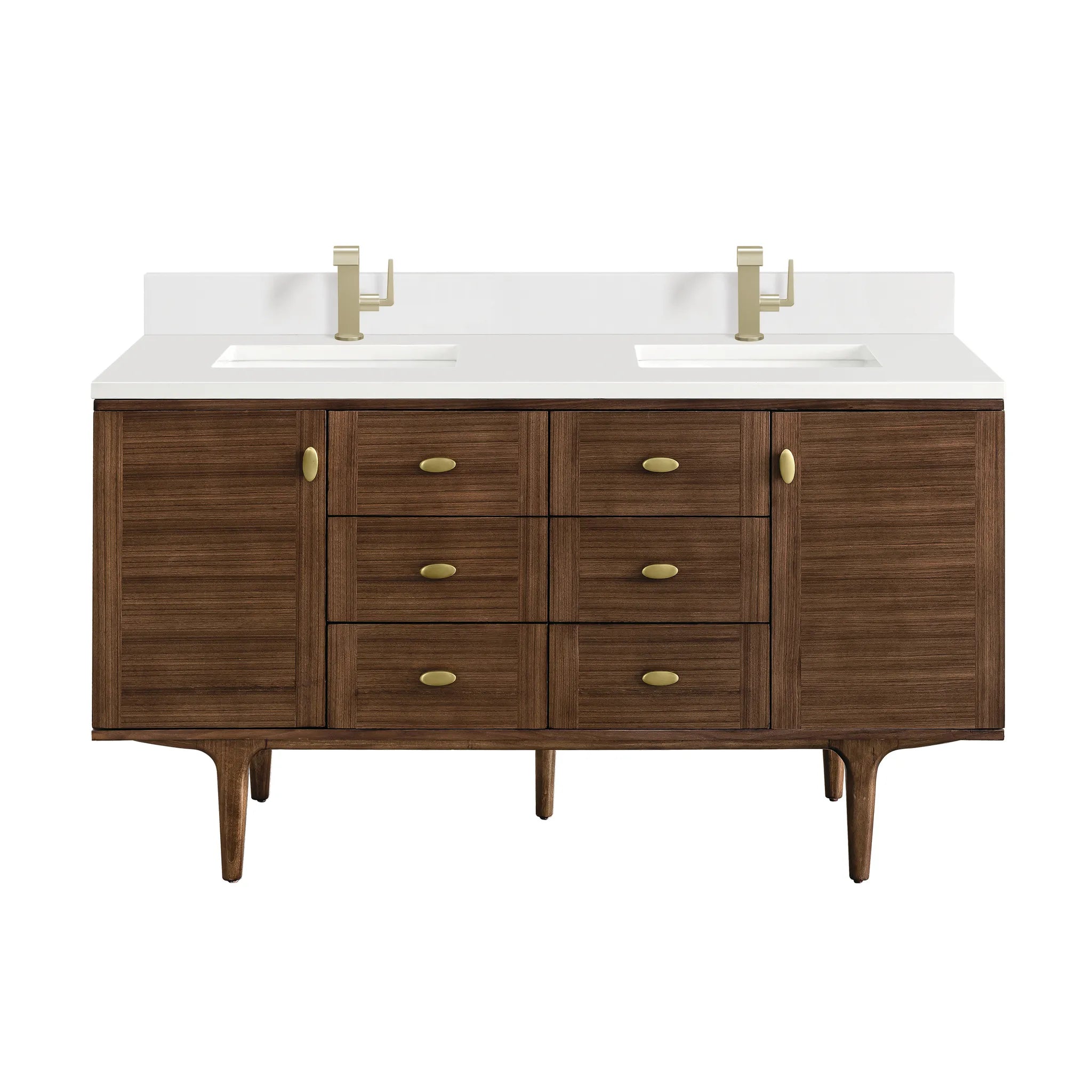 60" Amberly Double Vanity in Mid-Century Walnut-White Zeus Silestone & Backsplash-Single Hole image 1
